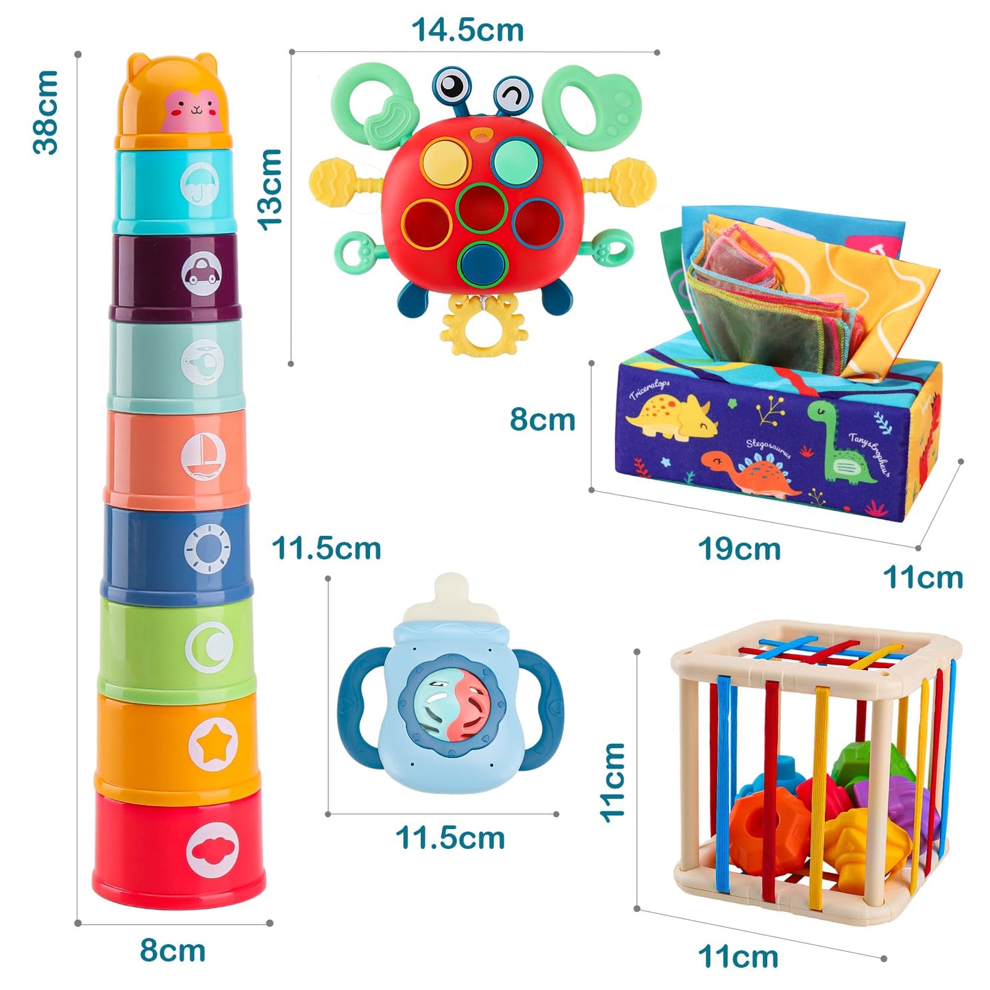 KADAYAYA Montessori Baby Toy for 18 Months, Teether Rattle Tissue Box Pull String Crab Toy, Infant Sensory Toys Shape Storage Bin,Stacking Cup Toy Gift for Toddlers Boys Girls 1 2 3 Year Old