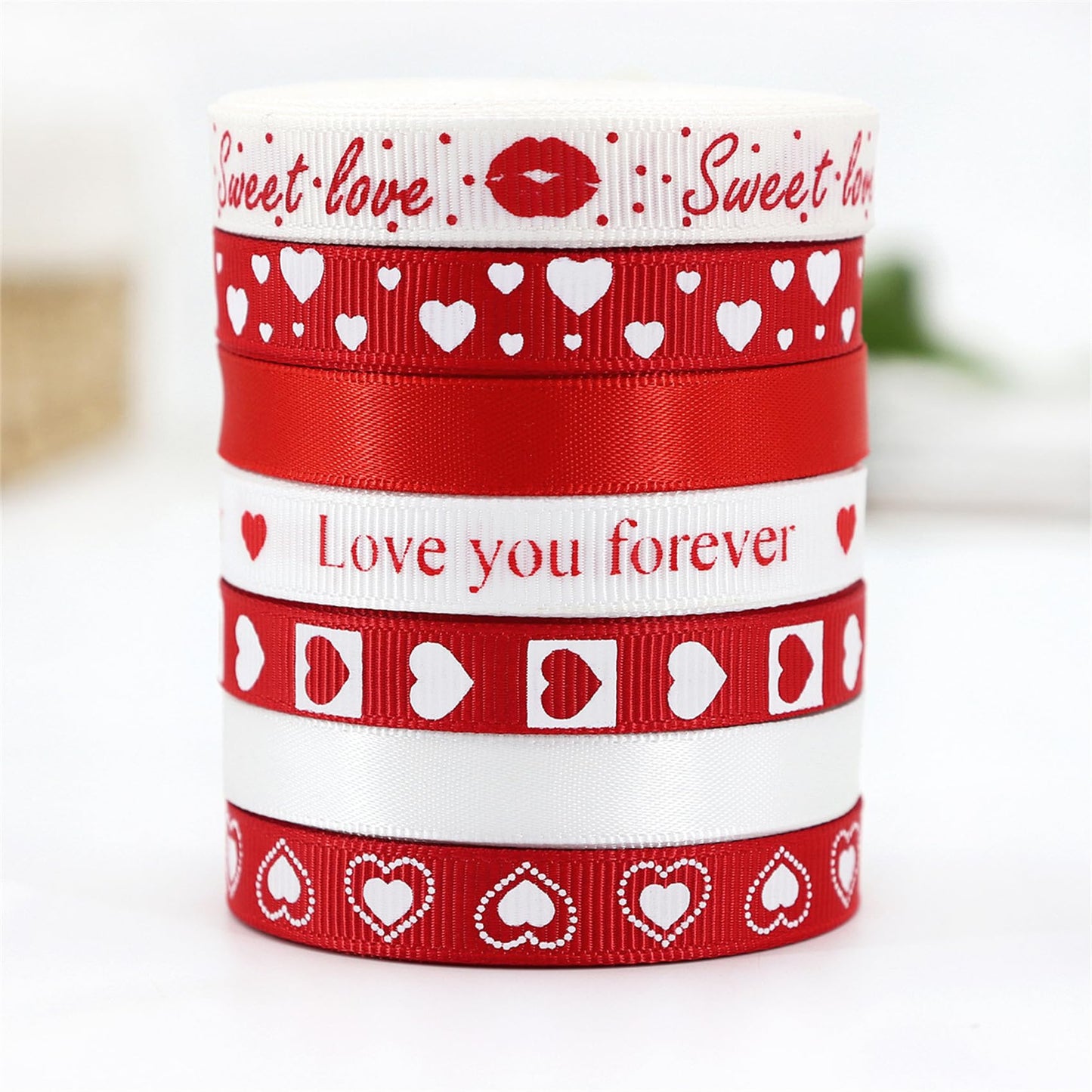 SCECALA 7 Rolls Red Ribbon (35 Yards Total) - Gold Foil Stamped Love You Forever Polyester Heart White Ribbon 0.63" for Gift Wrapping, Flower Bouquets, DIY Crafts, Party Decorations