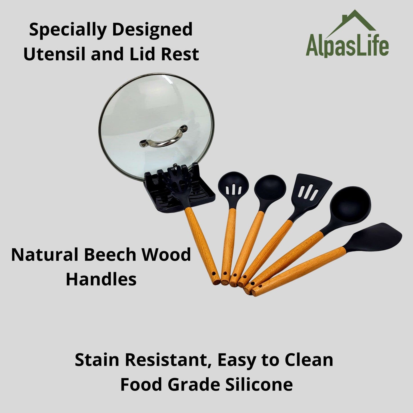 Complete Kitchen Essentials Set - Silicone & Wood Utensils, Spoon Rest, Utensils Holder, Non-Stick Baking Mats & Grilling Mats, Mini Oven Mitts, Combo Cutting Board & Dish Drying Pad
