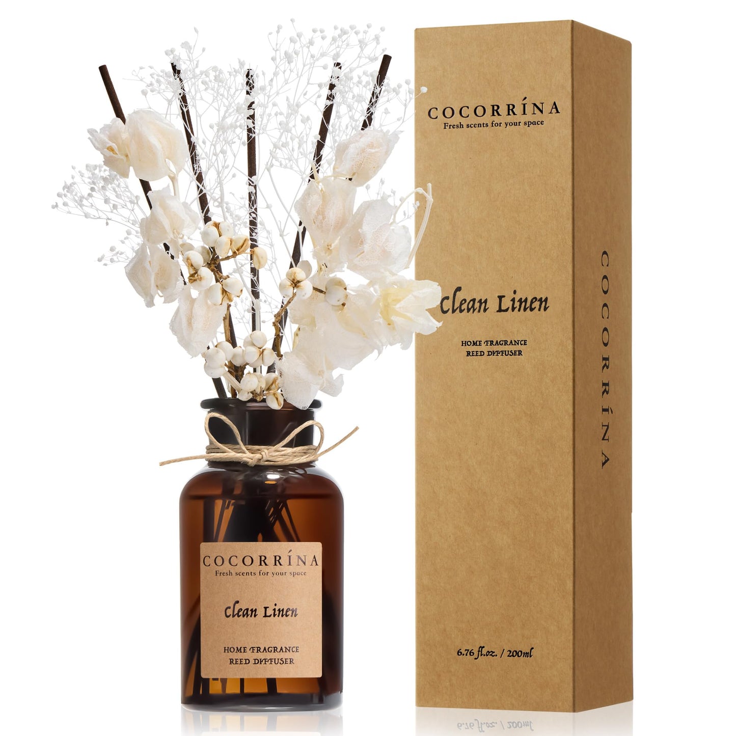 Cocorrína Reed Diffuser Set, 6.7oz Flower Reed Diffuser with Real Preserved Flowers - Clean Linen Scented Oil & Sticks - Long Lasting Home Fragrance for Bedroom Bathroom Shelf Decor