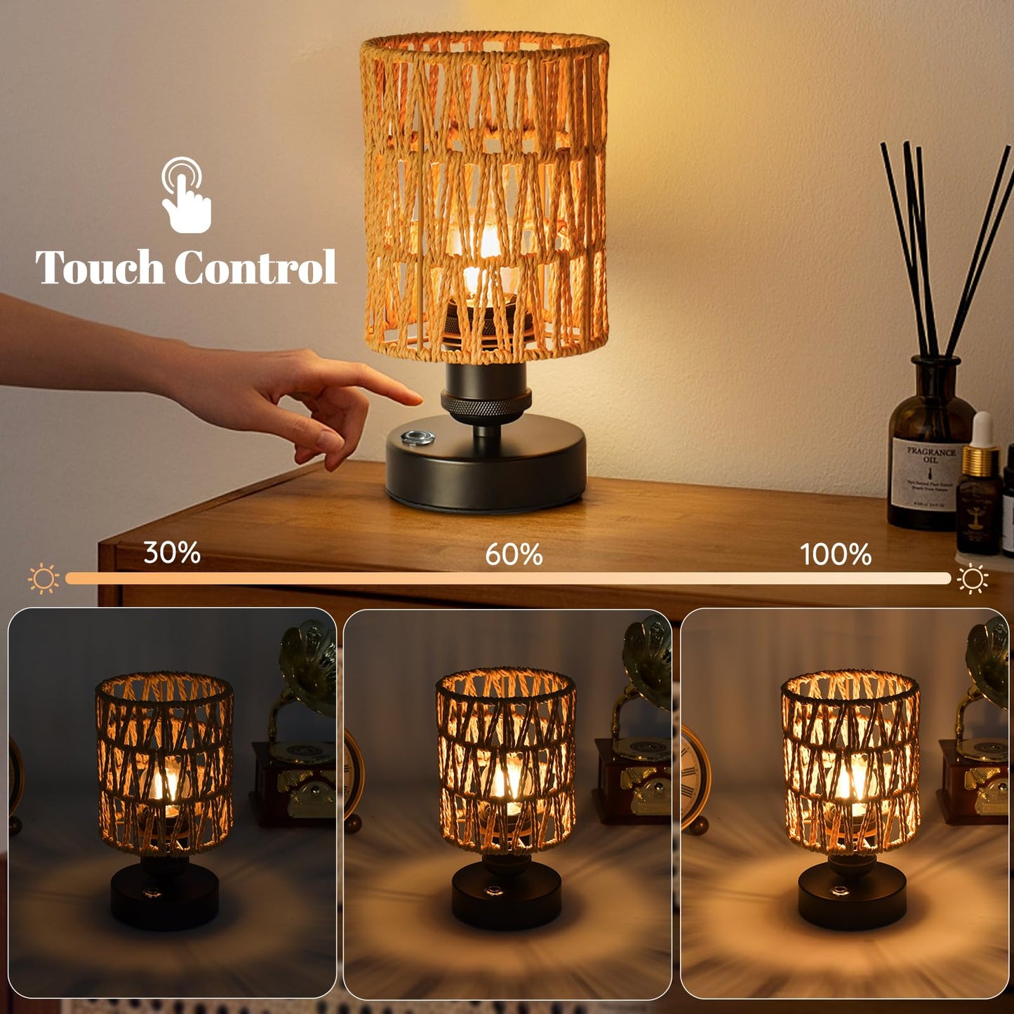 Wireless Table Lamp Charging Set—Beige, 4000mAh Rechargeable Table Lamp, Touch-sensitive Button Dimming, Ideal for Bedrooms, Bathrooms, and Dining Rooms, Includes Woven Lampshade and Warm Light Bulb