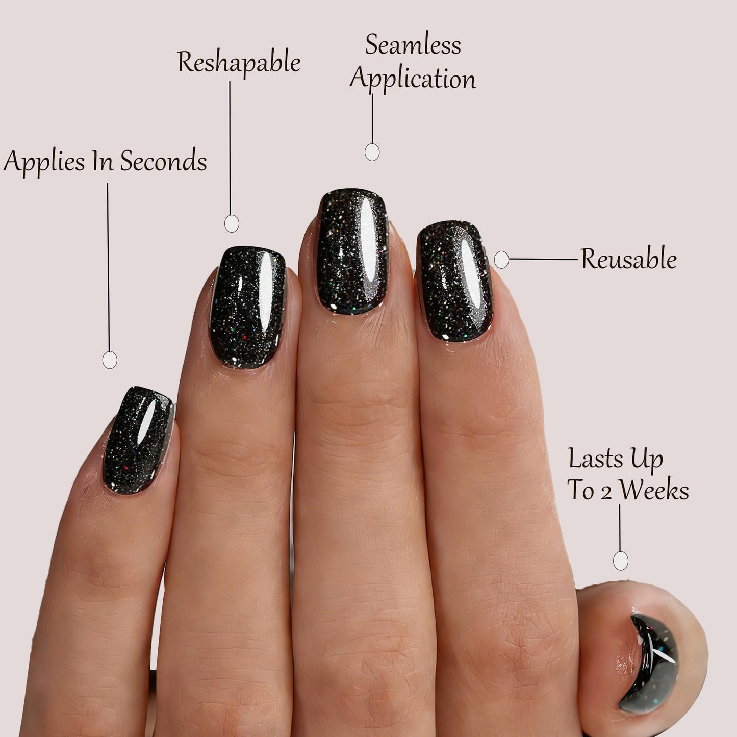 Black Press On Nails Square Glitter -Short Press On Nails with Nail Glue, Fit Perfectly & Natural Reusable Stick On Nails in 12 Sizes - 24PCS Soft Gel Glue On Nails Kit