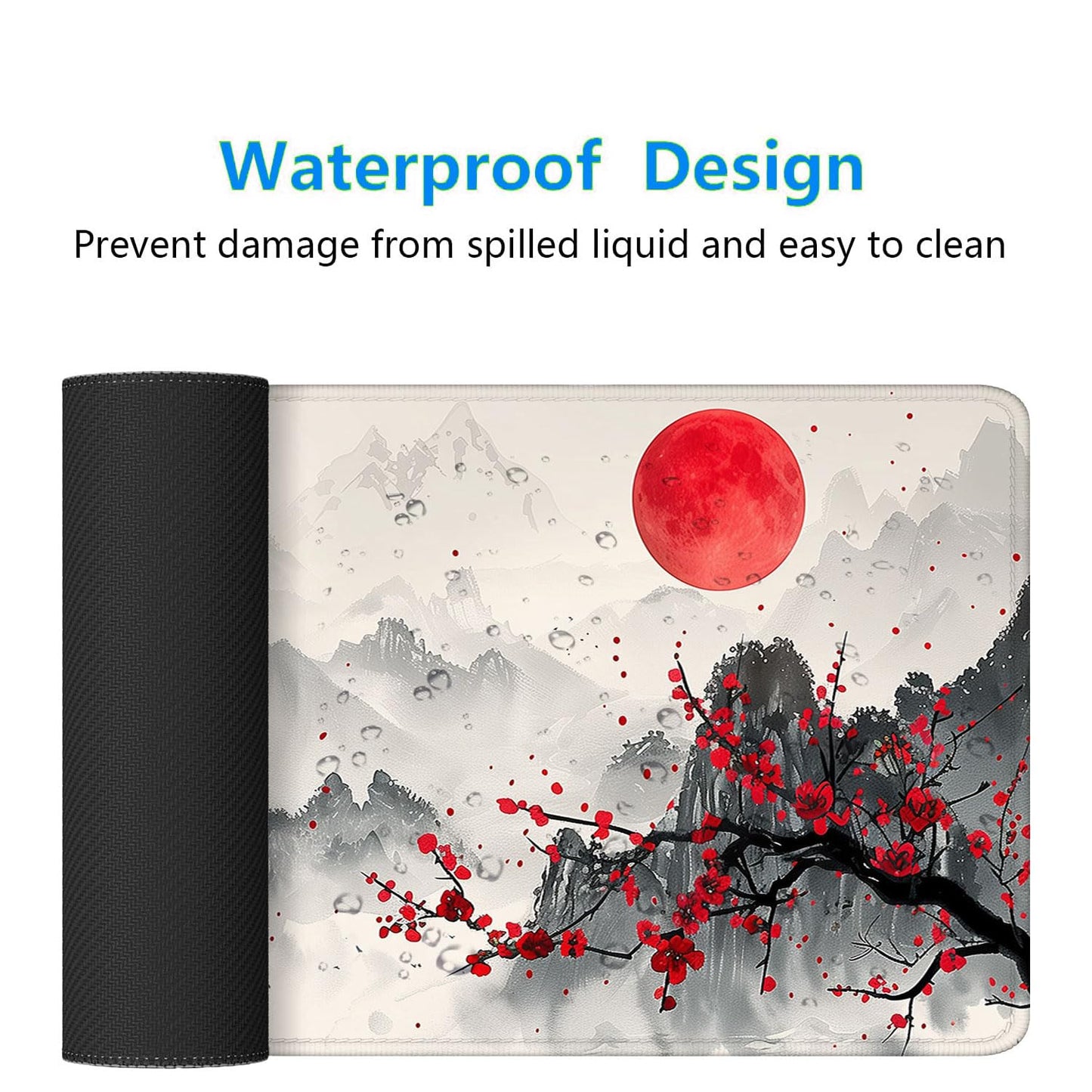 Watercolor Cherry Blossom Gaming Mouse Pad - Chinese Ink Painting Mountain Desk Mat With Stitched Edge Non-Slip Base for Office Computer Keyboard Laptop Home 31.5"x11.8"