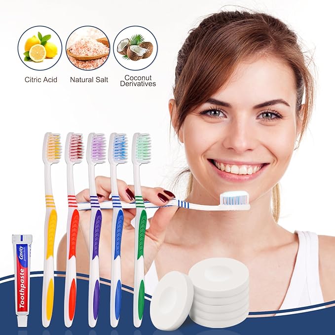 50 Set Disposable Toothbrushes with Toothpaste and Soap Individually Wrapped, 50 pcs Toothbrushes, 5 Colors with 50 pcs Bar Soap(0.5 oz)
