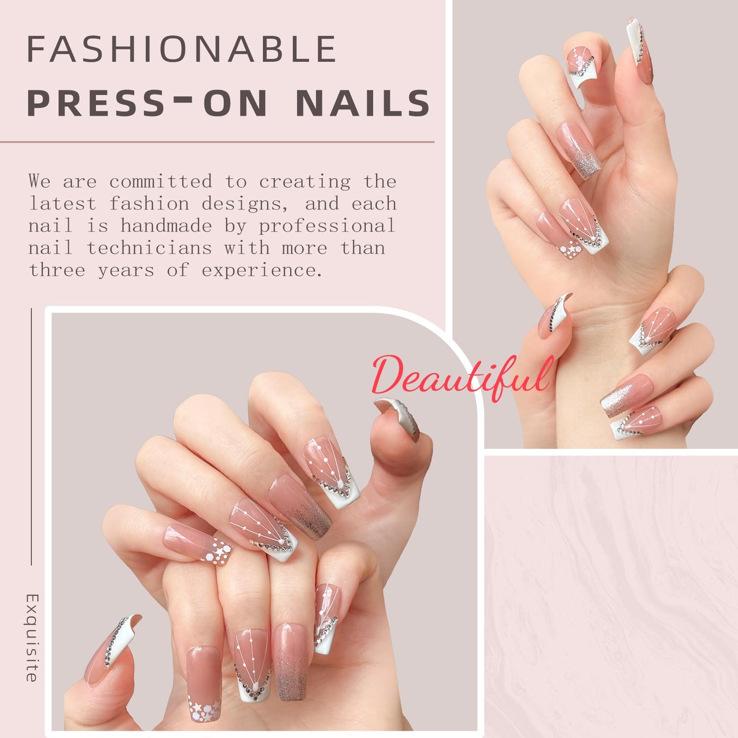 Luxury Handmade Press-on Nail Art – 3D Rhinestone Silver Glitter False Nails，Nude Gradient French Acrylic Nails， Reusable Self-Adhesive White Fake Nails.(M-10PCS)