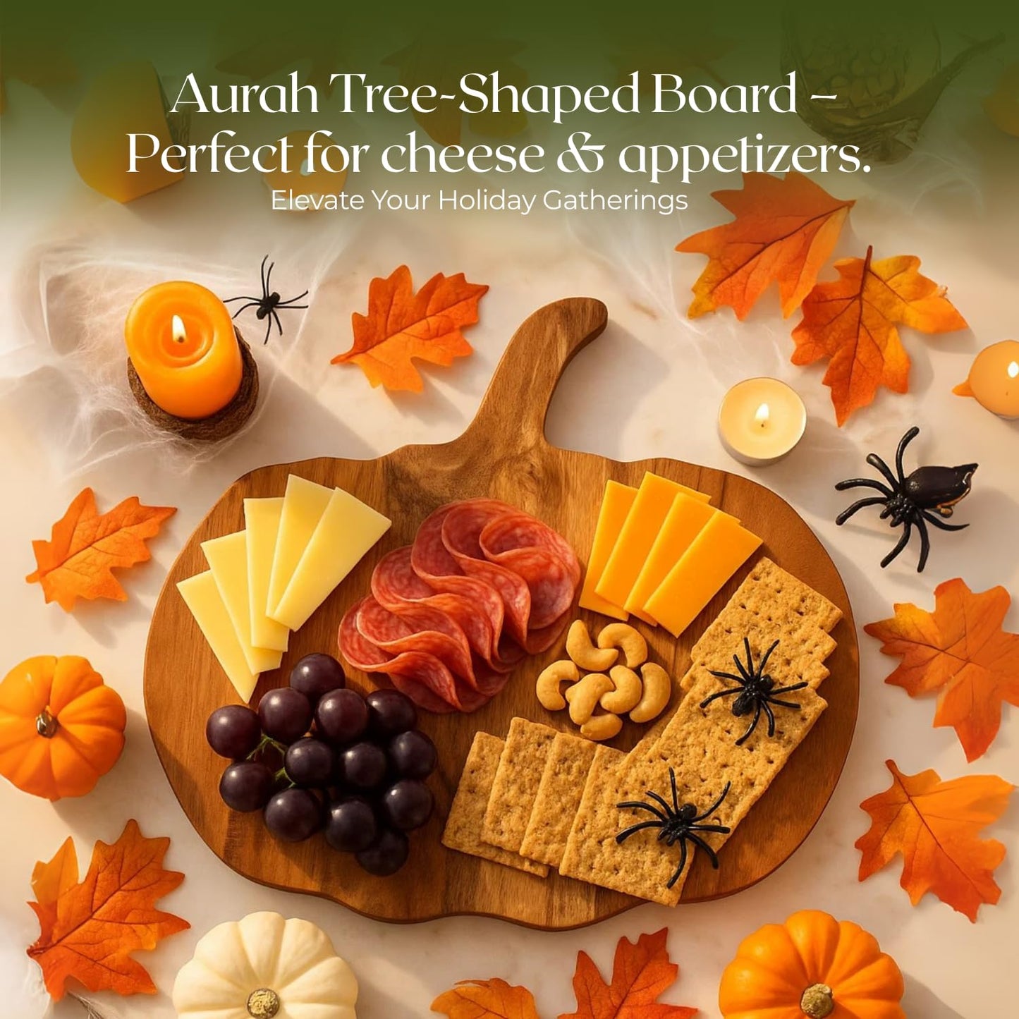 Aurah Halloween Pumpkin Shaped Wood Cutting Board for kitchen Decoration Serving Platter, Gothic Cutting Boards with Handle (12 x 13 Inch)