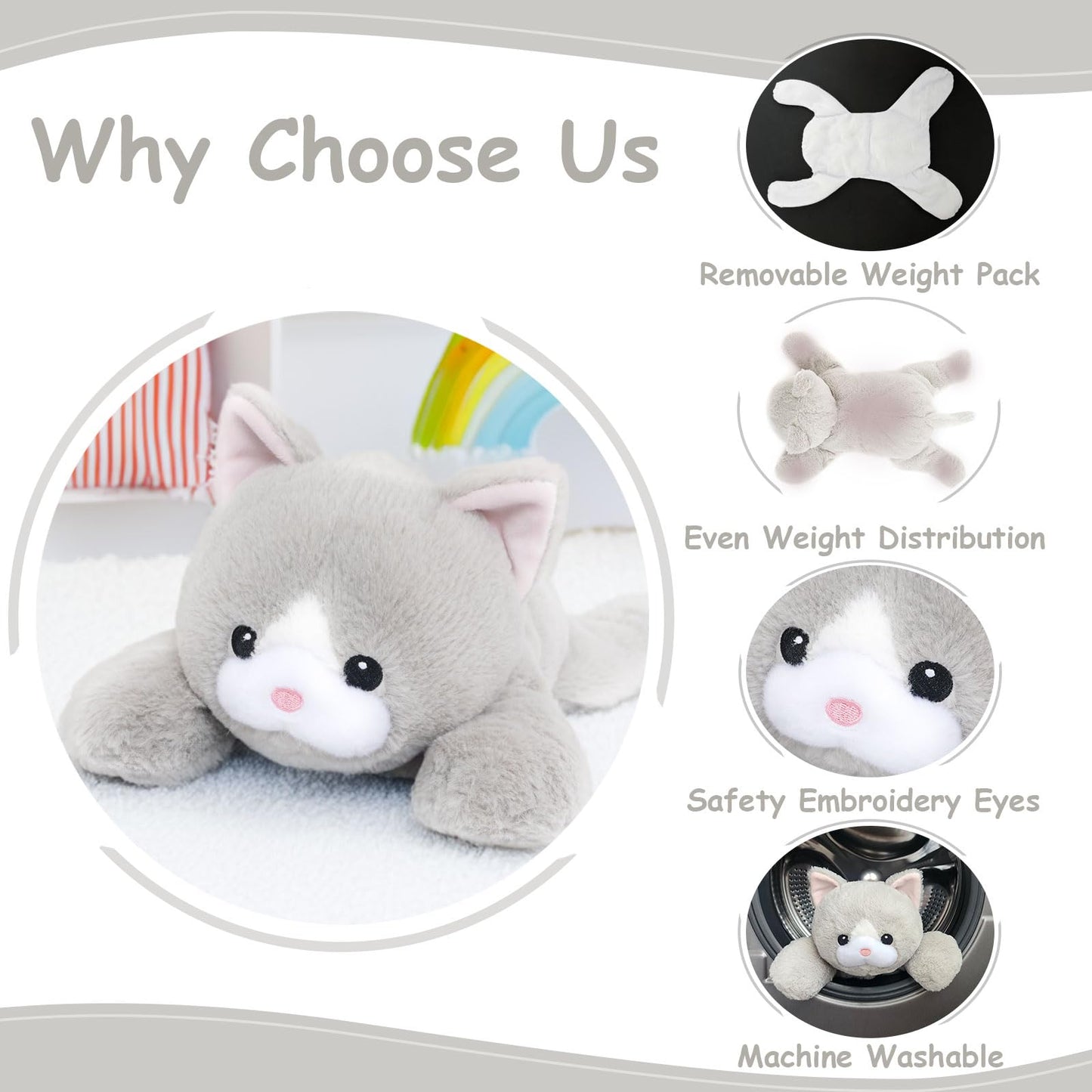 WEIGEDU Weighted Cat Stuffed Animal Plush Toy with Embroidered Eyes and Removable Weight Pack - 20 Inches, 2.3 lbs for Kids and Adults
