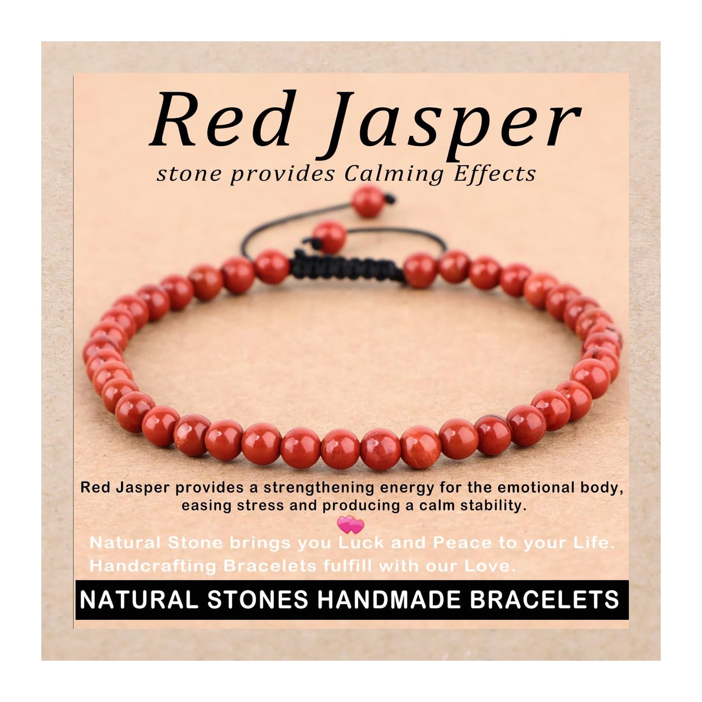 AD Beads 4mm Red Jasper - Stone Pepvodes Calming Effects - Handmade Natural Stone Crystal Bracelet with Adjustable Macrame String - Yoga Healing Power Energy Gifts for Men and Women