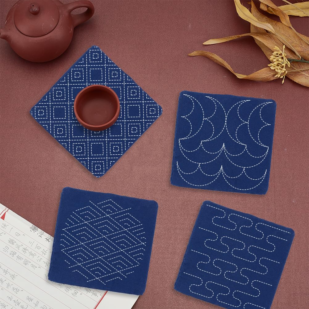 WEBEEDY 4 Sets Sashiko Starter Coaster Kit for Beginners, Japanese DIY Tea Mat Sewing Kit with Sashiko PET Templates, Needles, Thread for Table Cup Mat Embroidery Christmas Craft Decor Gift