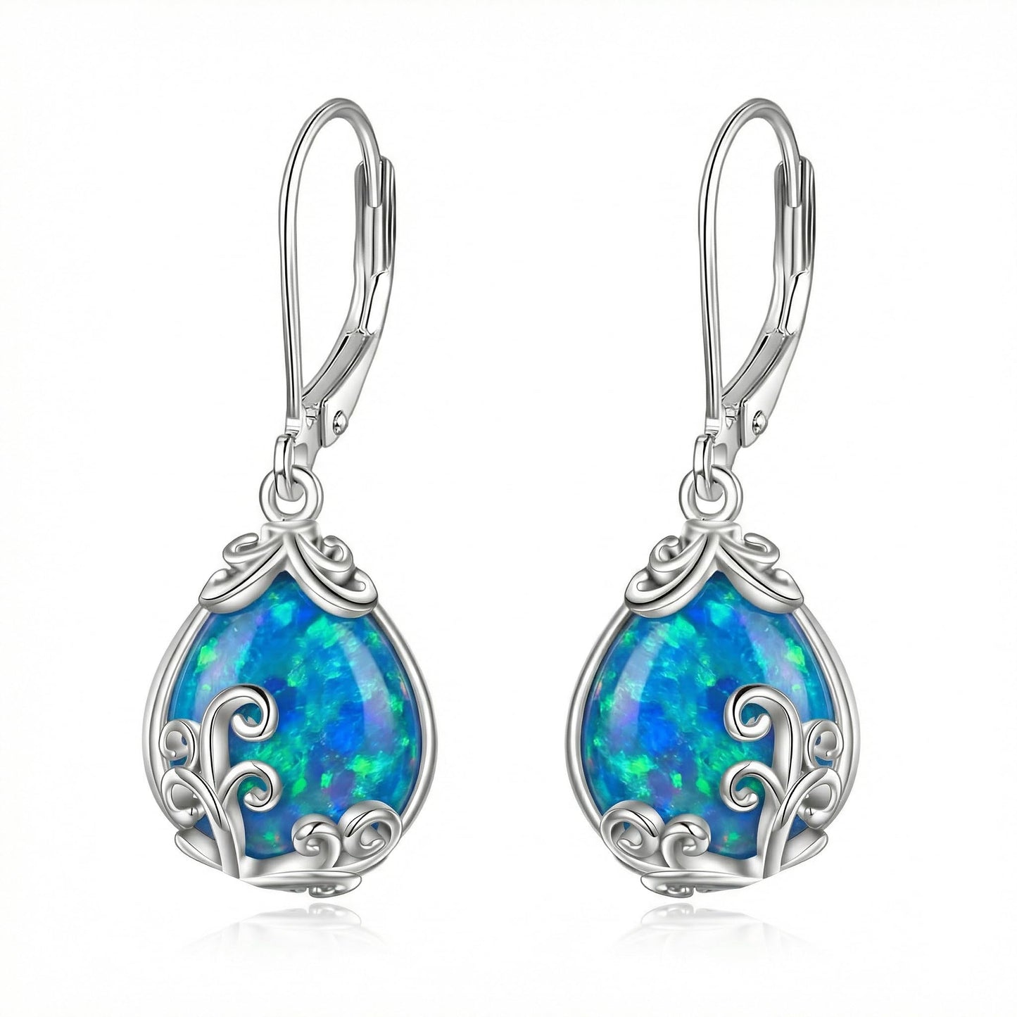 POPLYKE Blue Opal Filigree Teardrop Drop Dangle Earrings Sterling Silver Leverback Earrings Opal Jewelry Gifts for Women