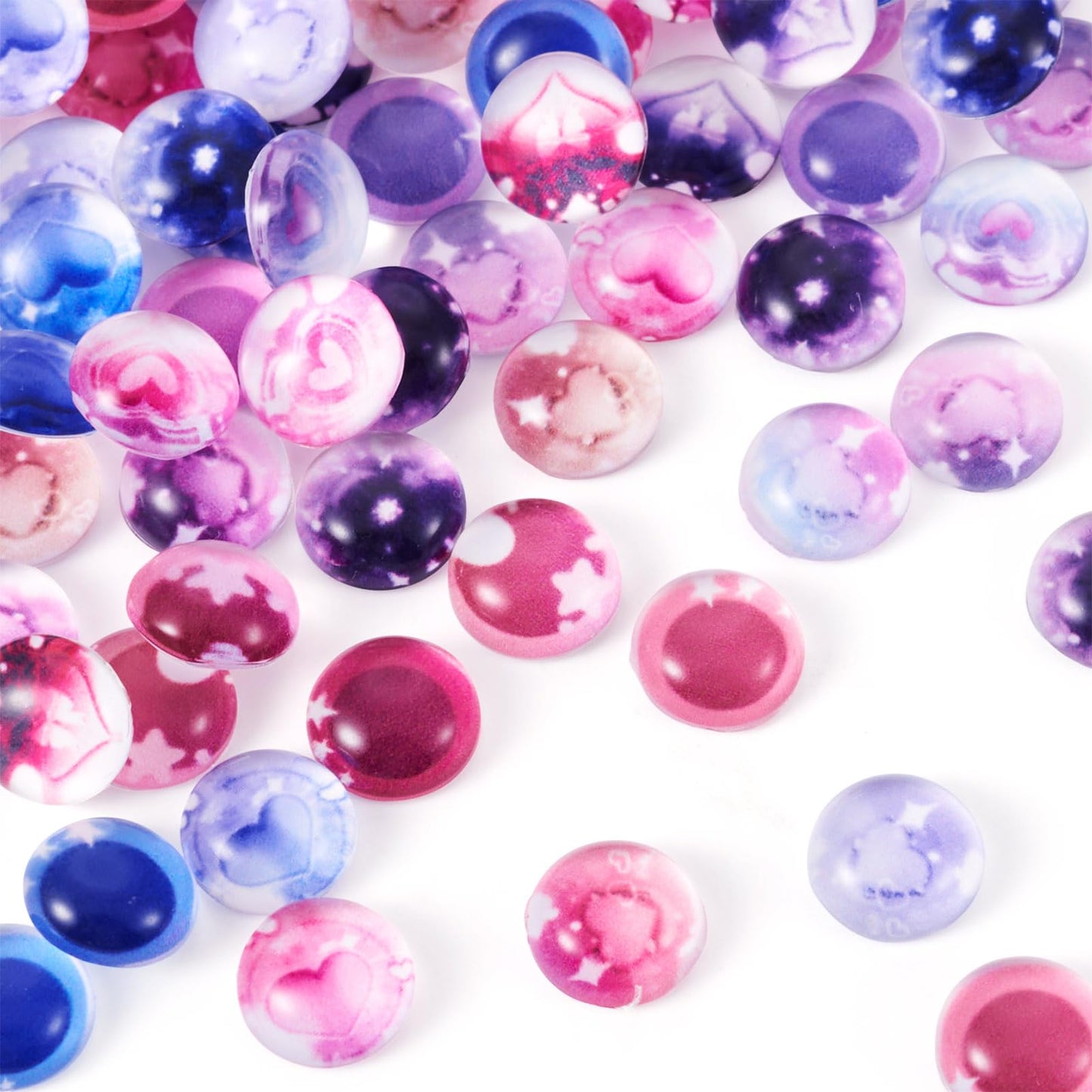 Craftdady 100Pcs 8mm Flat Round Dome Cabochons Glass Craft Doll Eyes Mixed Color Crystal Heart Pattern Eyes DIY Craft Art Cabochon for Doll Puppet Plush Animal Crafts DIY Jewelry Making