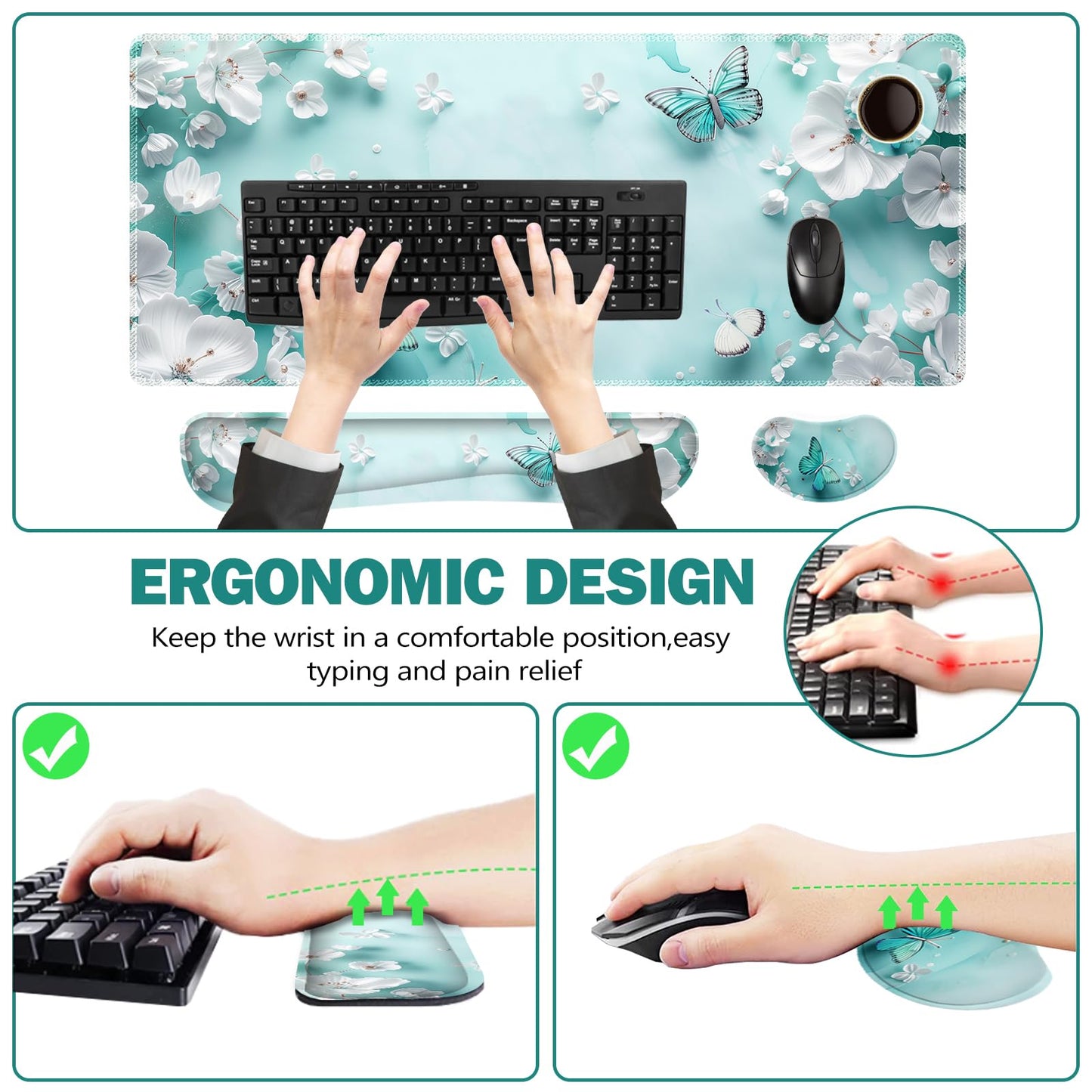 ToLuLu Large Mouse Pad Desk Pad Set, Wrist Rest Support Desk Mat for Keyboard and Mouse, 4PCS 35.4”x15.7 XXL Giant Mouse Pad, Non-Slip Base Stitched Edges Mousepad for Home Office, Teal Butterfly