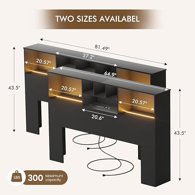 Apicizon 81" King Size Headboard Only, Black Storage Headboard with USB for King Size Bedroom, Wood Head Board with 2 LED Lights, Black Bookshelf