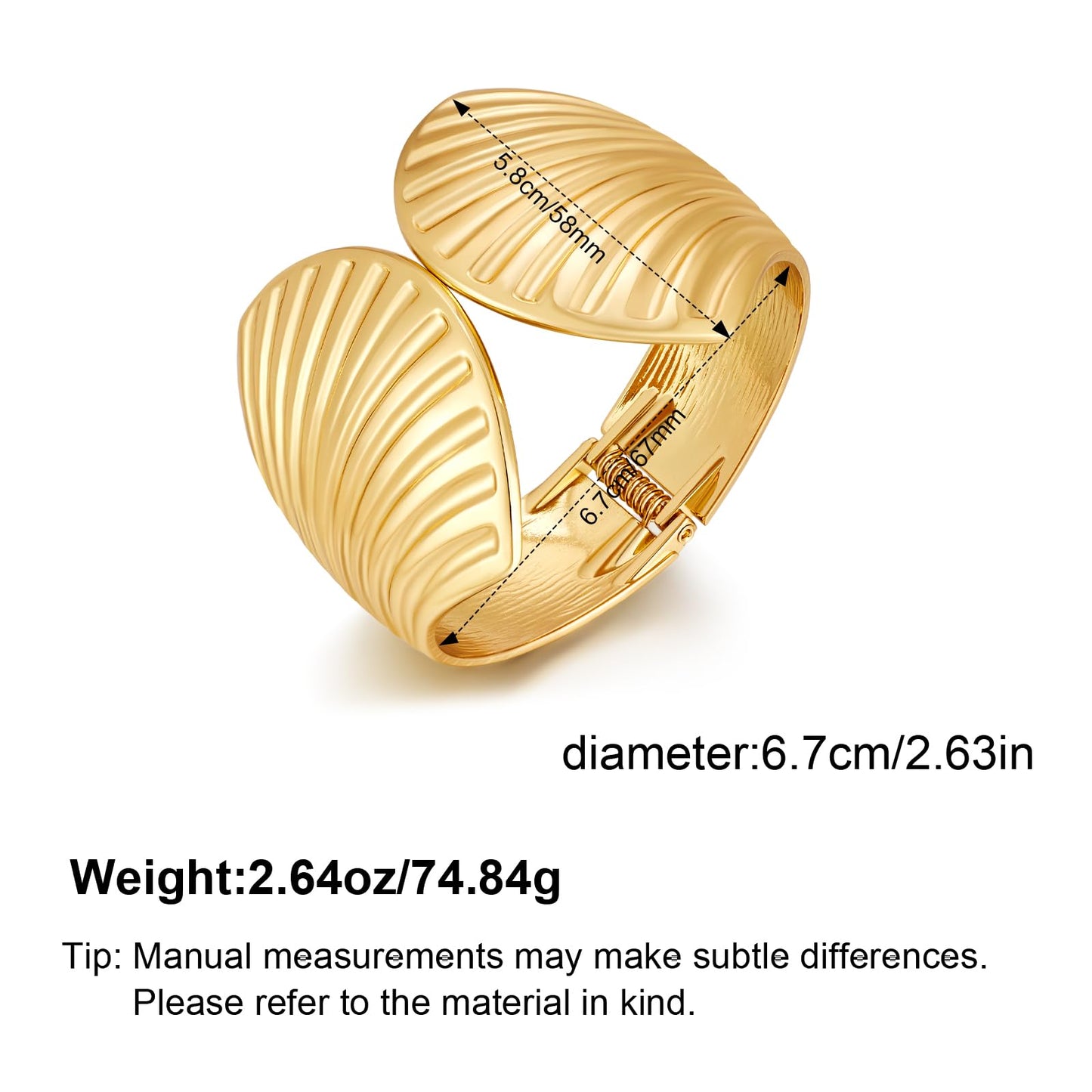 Gold Plated Wide Shell Cuff Bracelet for Women Exaggerated Statement Gold-tone Ginkgo Leaf Bangle Bracelet with Spring Clasp