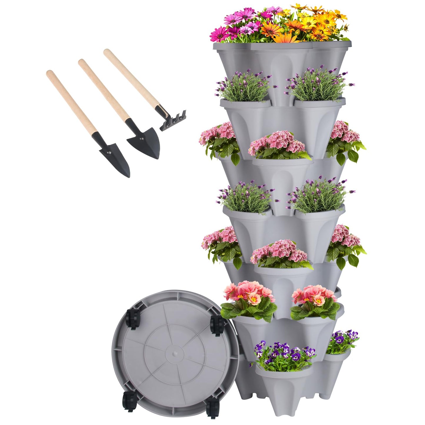 GameXcel Vertical Planter Tower- 7 Tier Stackable Garden Planter with Wheels and Tool Set – Grow Strawberries Herbs Flowers and Vegetables - Indoor Outdoor Use Gray