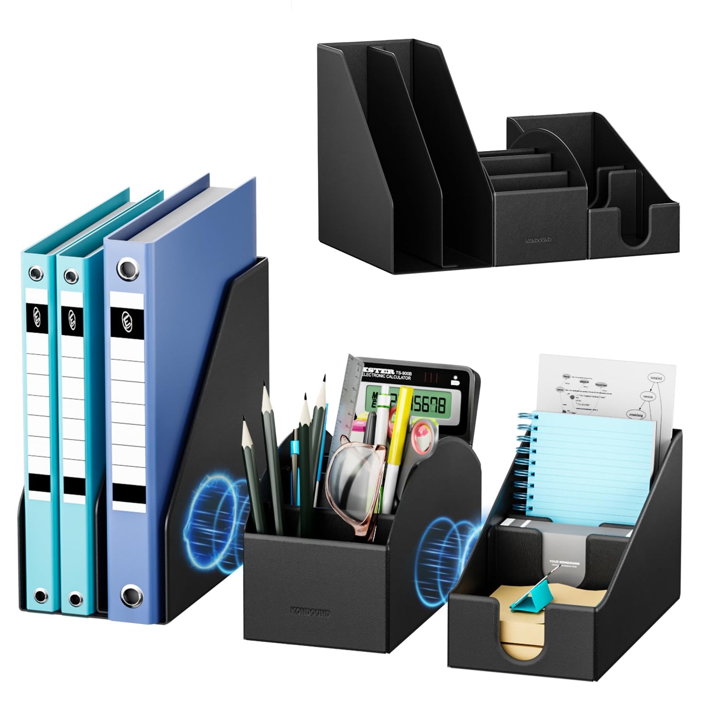 KONDOUND Magnetic Desk Organizer Set - Multifunctional PU Leather Desktop Storage with File Holder, 5-Tier Storage Box, Card and Sticky Note Slots, Office Supplies Accessories for Desk & Workspace