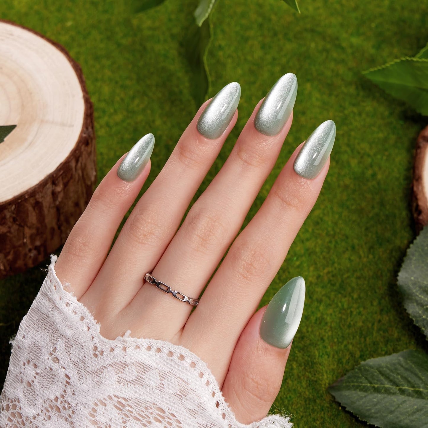VSALON Almond Medium Press On Nails, Green Holographic Summer Cat Eye Chrome False Nails, Salon Quality Shimmer Fake Nails Kit - 32 PCS Stick on Nails in 16 Sizes with Glue & Cuticle Oil