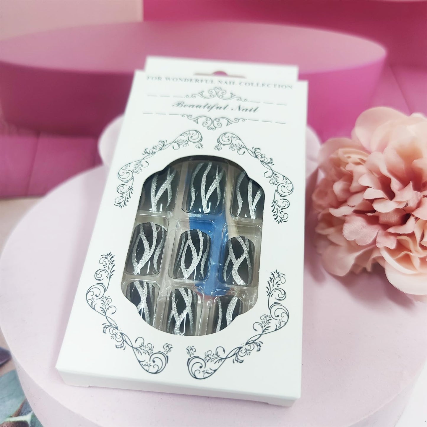 24Pcs Silver Fire Press on Nails Curve Line Acrylic Fake Nails Silver Glitter Stick on Nails Glossy Black Gradient Short Square False Nails Black Ombre Gel Glue on Nails for Coquette Women Girls