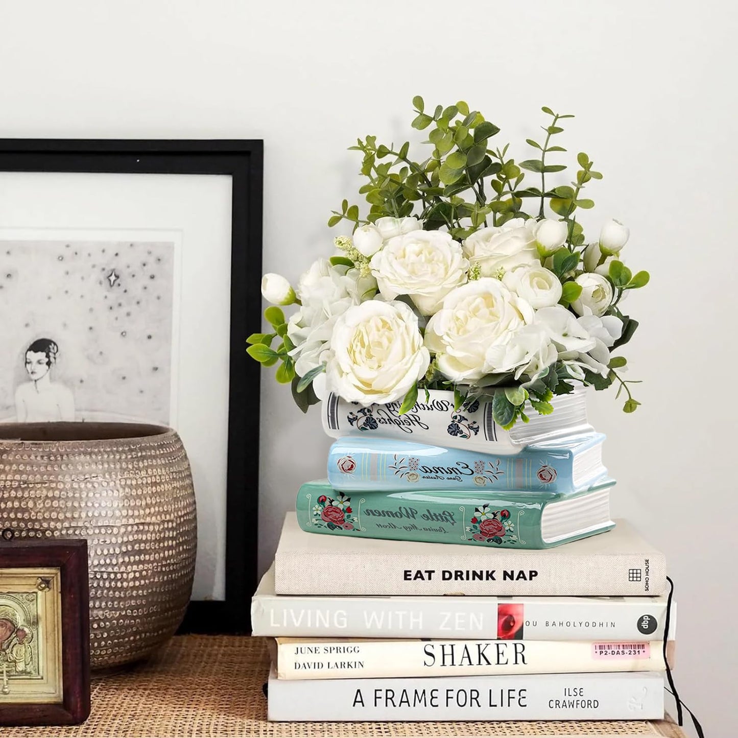 Bookstack Ceramic Planter - Small Flower Vase for Succulents, Air Plants, Desk Decor - Mini Book-Shaped Pot for Bookshelf, Office, Bedroom for Book Lovers (Classic Design) Gifts For Mother Father