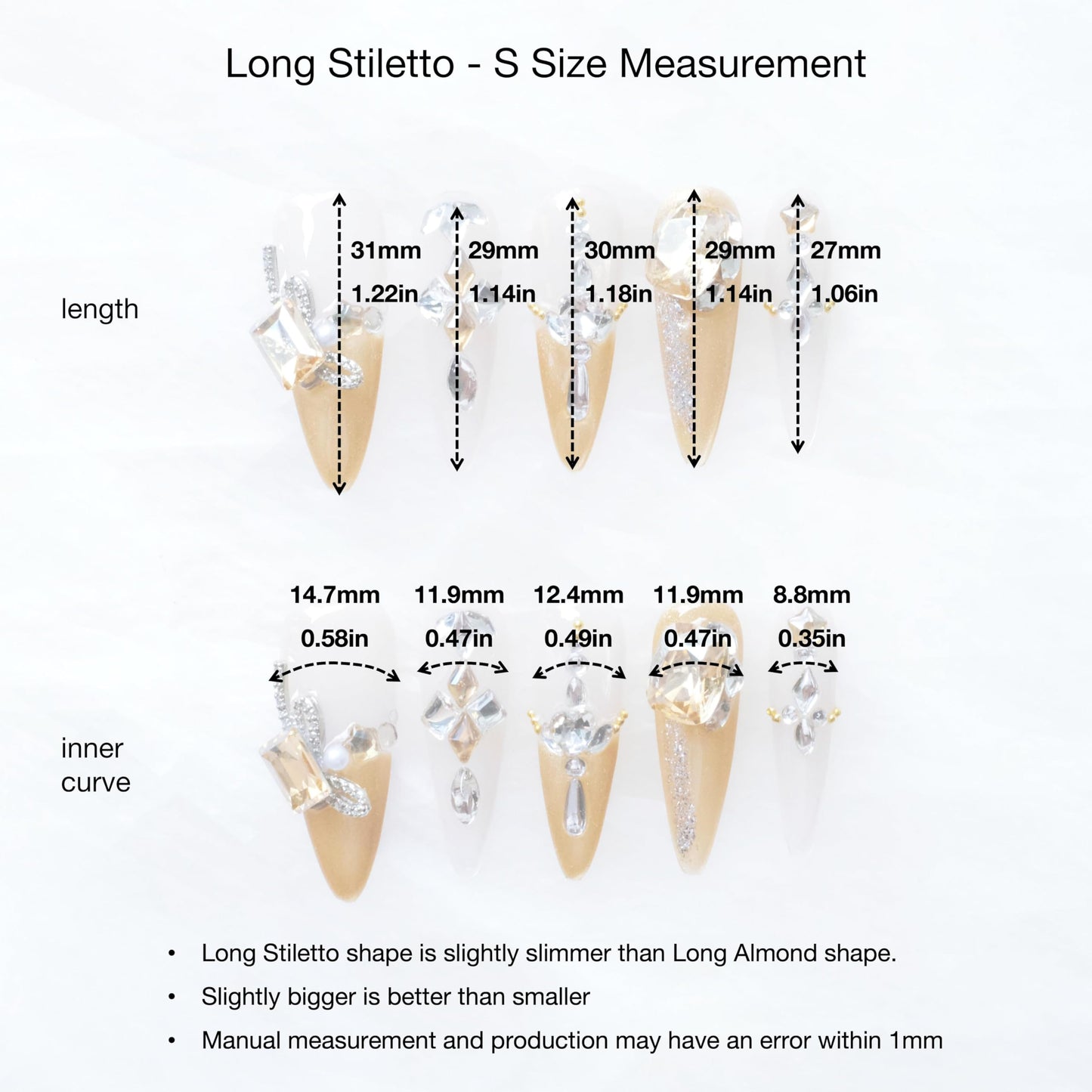 GLORS Luxury Long Stiletto Press-On Nails, Yellow Glitter with 3D Rhinestones and Heart Gems, Handmade False Nail 10 Pieces (Small, LS)