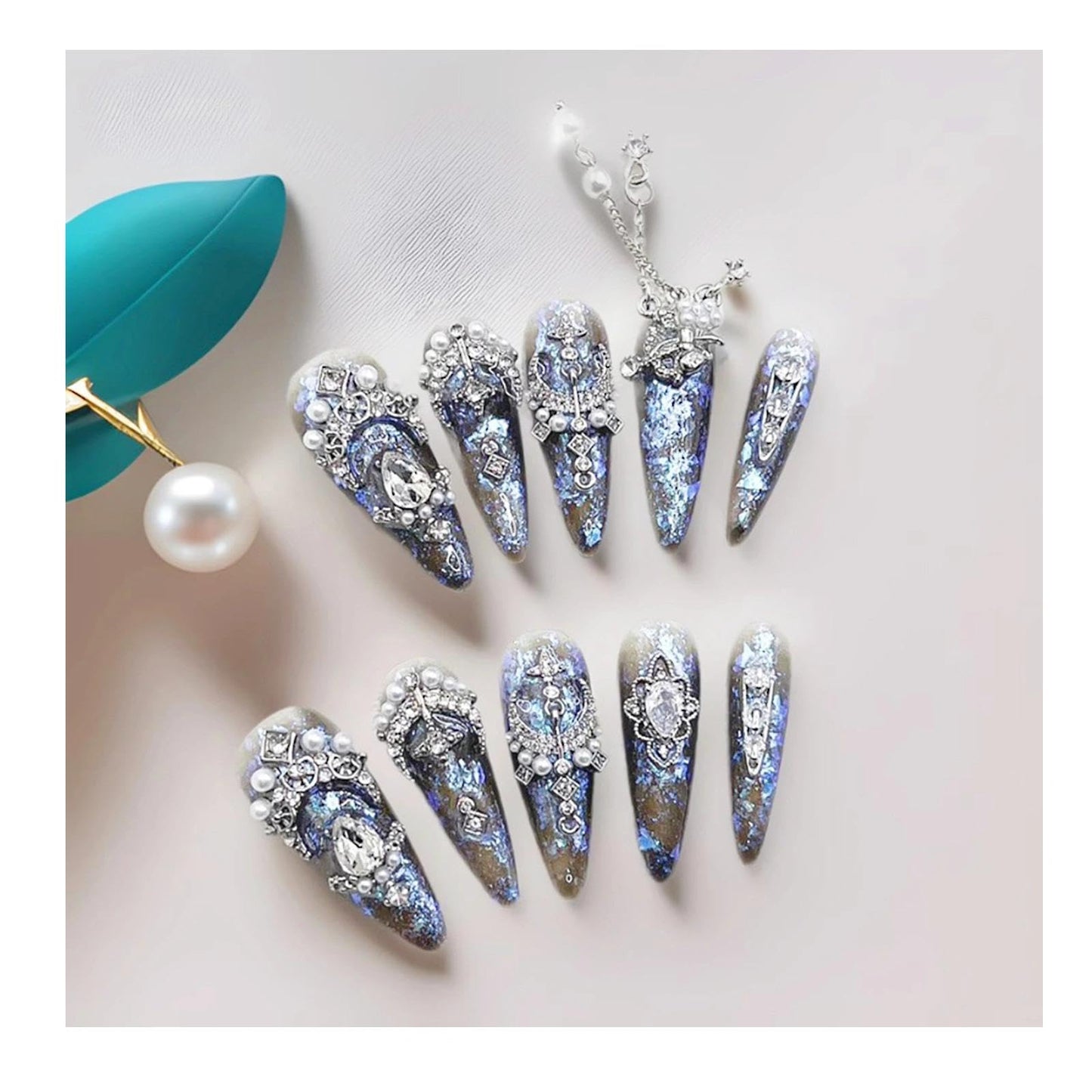 Handmade 3D Steampunk Chain Stiletto Press On Nails, Blue Brown Glitter Luxury Artisan Nails Set, Reusable Glossy Press-ons with Tool Kit(XS)