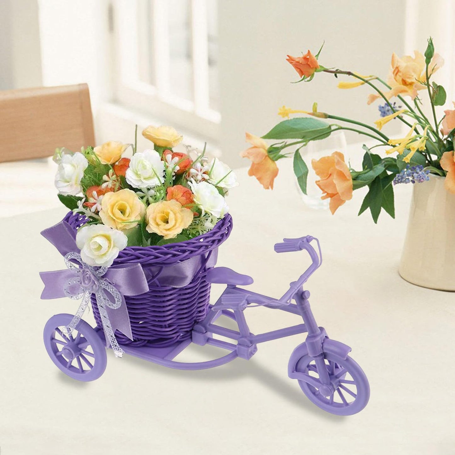 Bicycle Artificial Woven Flower Basket Tricycle Planter Decorative Nostalgic Plant Rack Flower Stand for Birthday Home Decor (Pink)