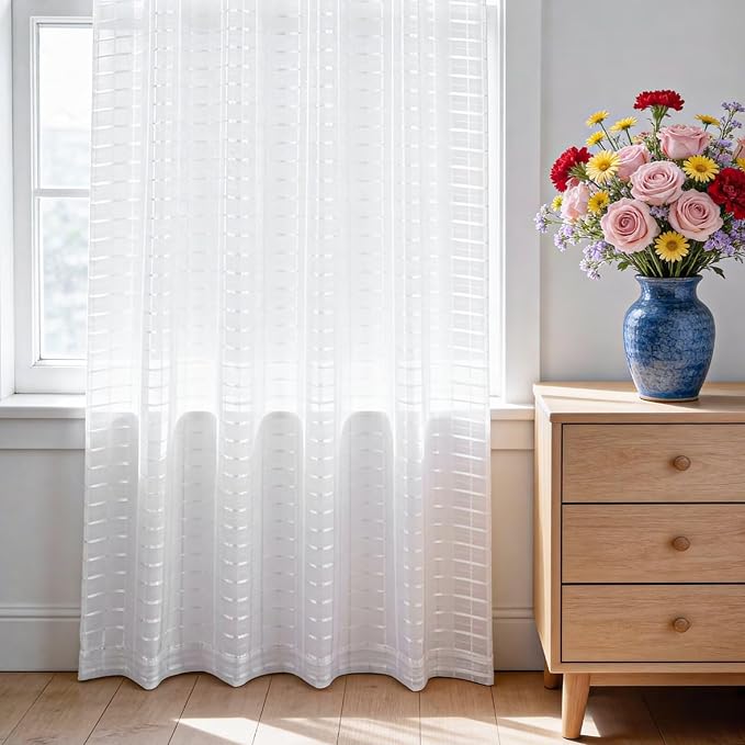 SpaceDresser Check Sheer Curtains 54 Inches Long for Living Room, Rod Pocket Plaid Semi Sheer Drapes for Kitchen Bedroom（White, 52W x 54L）