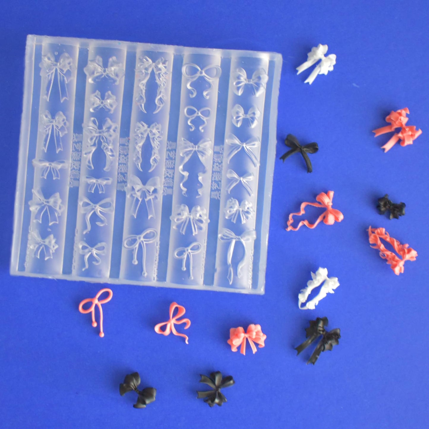 4pcs Silicone Nail Art Molds 3D Multiple Shapes Flowers Ribbon Lace Bows Bunny Butterfly Charm Molds with Carving Pen Clear Modeling Templates Manicure Tools for DIY Salon Nail Design