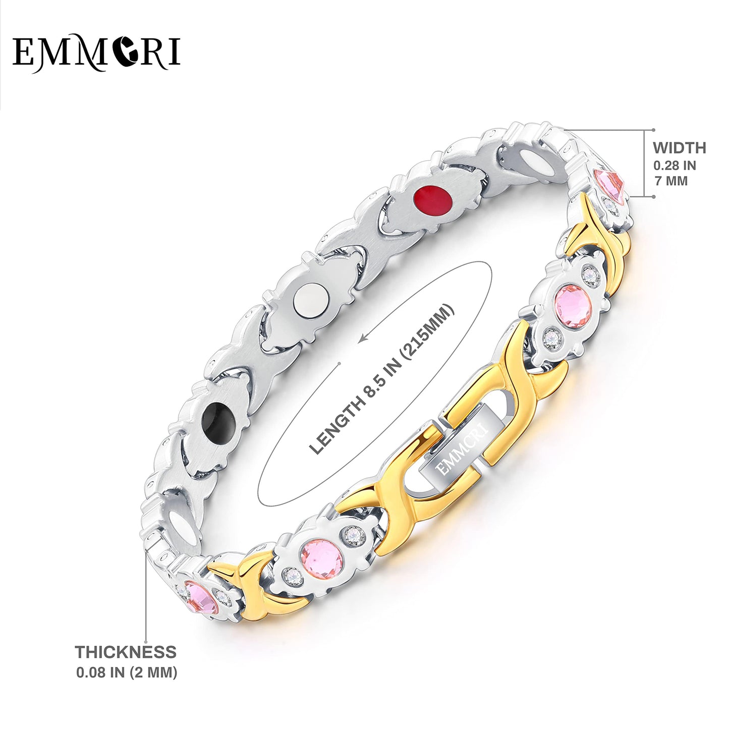 EMMORI Ultra Strength Magnetic Bracelet for Woman - 3,500 Gauss Per Magnet -Crystal Bracelet - Adjustable Length -Pulseras Magneticas (Silver Gold)