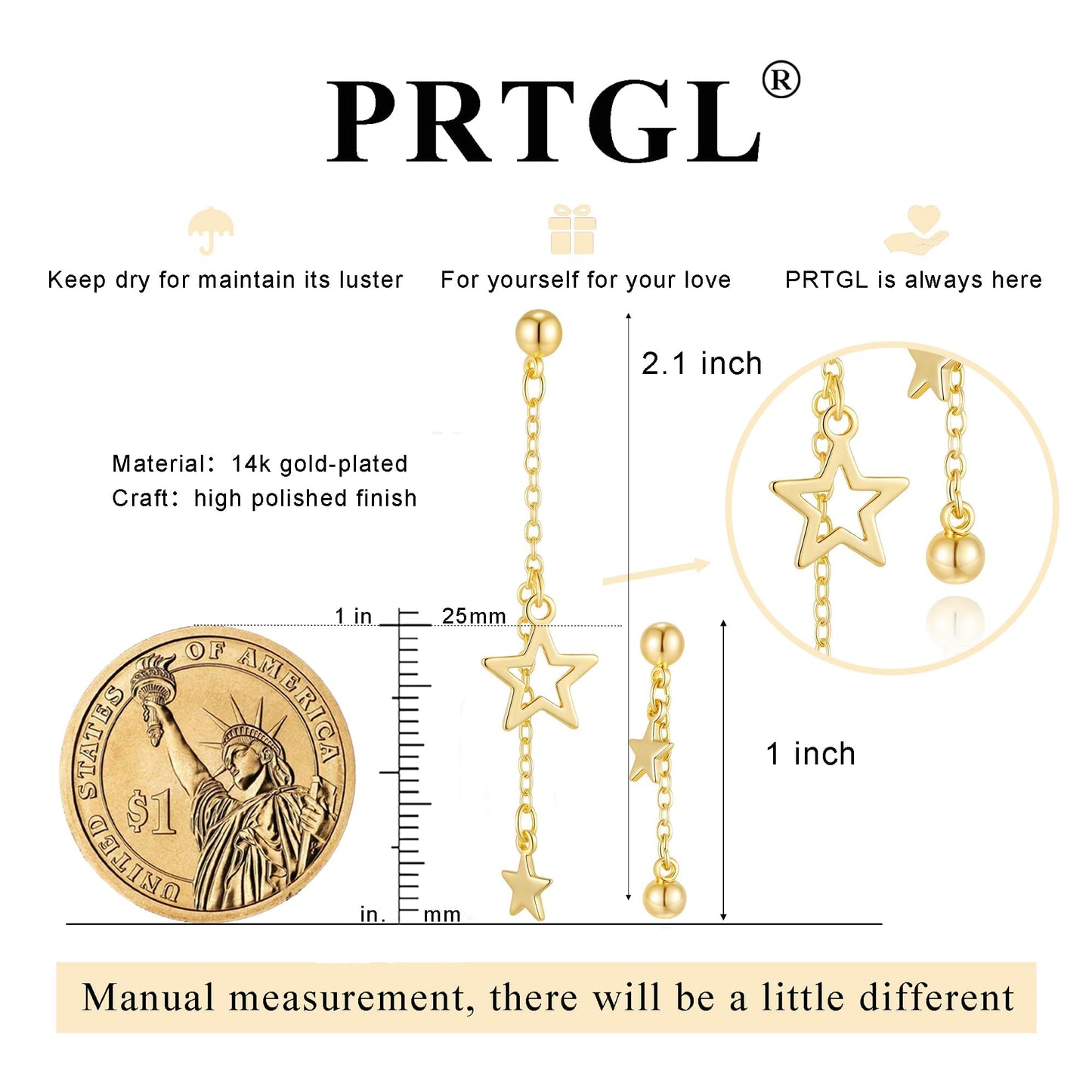PRTGL Dangle Earrings - 14K Gold Plated Star Asymmetrical Drop Dangle Earrings for Women