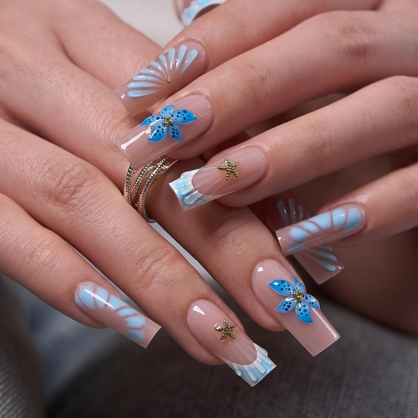CurvLife Soft Gel Square Press-On Nails Long, Reusable Fake Nails with Glue & Adhesive Tabs, 30PCS Salon-Quality Stick-On Nails for At-Home Manicure (Starfish Bloom)
