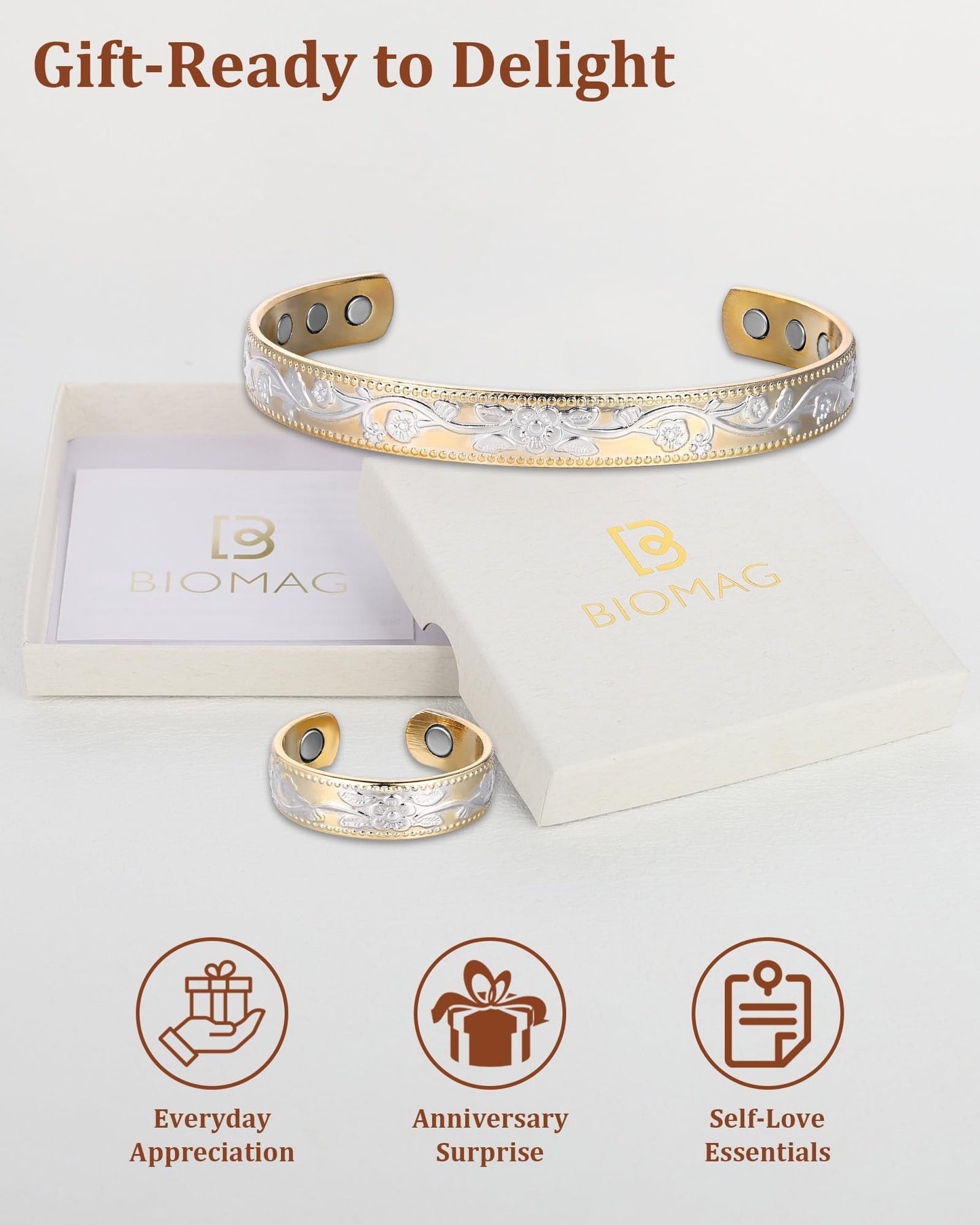 BioMag Copper Bracelet & Ring for Women, 99.99% Pure Copper Magnetic Bracelet Lymphatic Drainage Rings with 3500 Gauss Magnets, Adjustable & Flower Pattern (Gold Base with Silver)