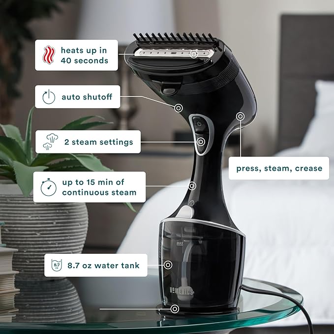 Homedics PerfectSteam Deluxe Handheld Garment Steamer - Fast Heat, Turbo Power, 15-Minute Continuous Steam, Built-In Crease Attachment