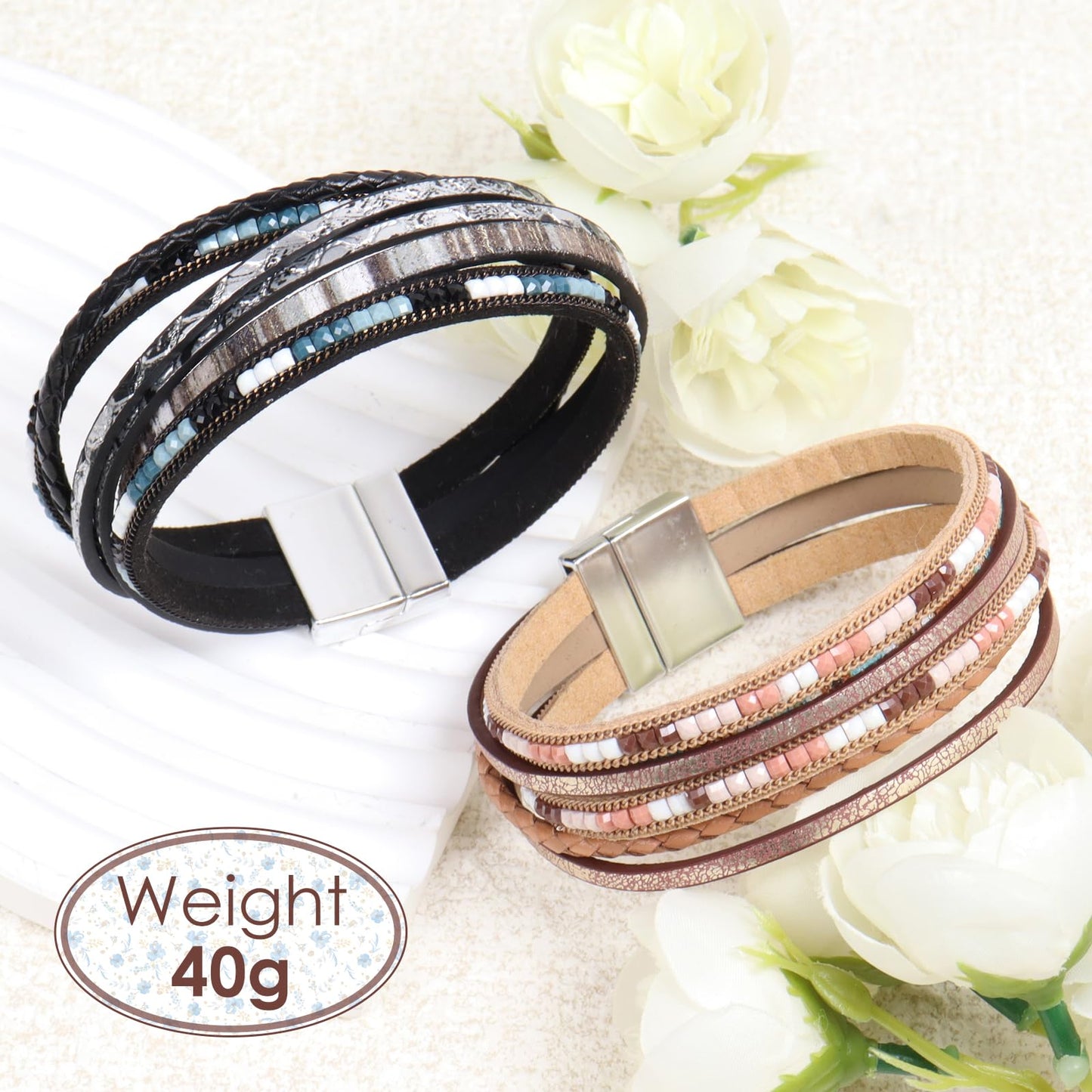 WQYILEAER Bracelets for Women, 2Pcs Leather Wrap Layer Bracelets Boho Rustic Multi-Layer Braided Bracelet Stack Bracelet for Women (Black Khaki)