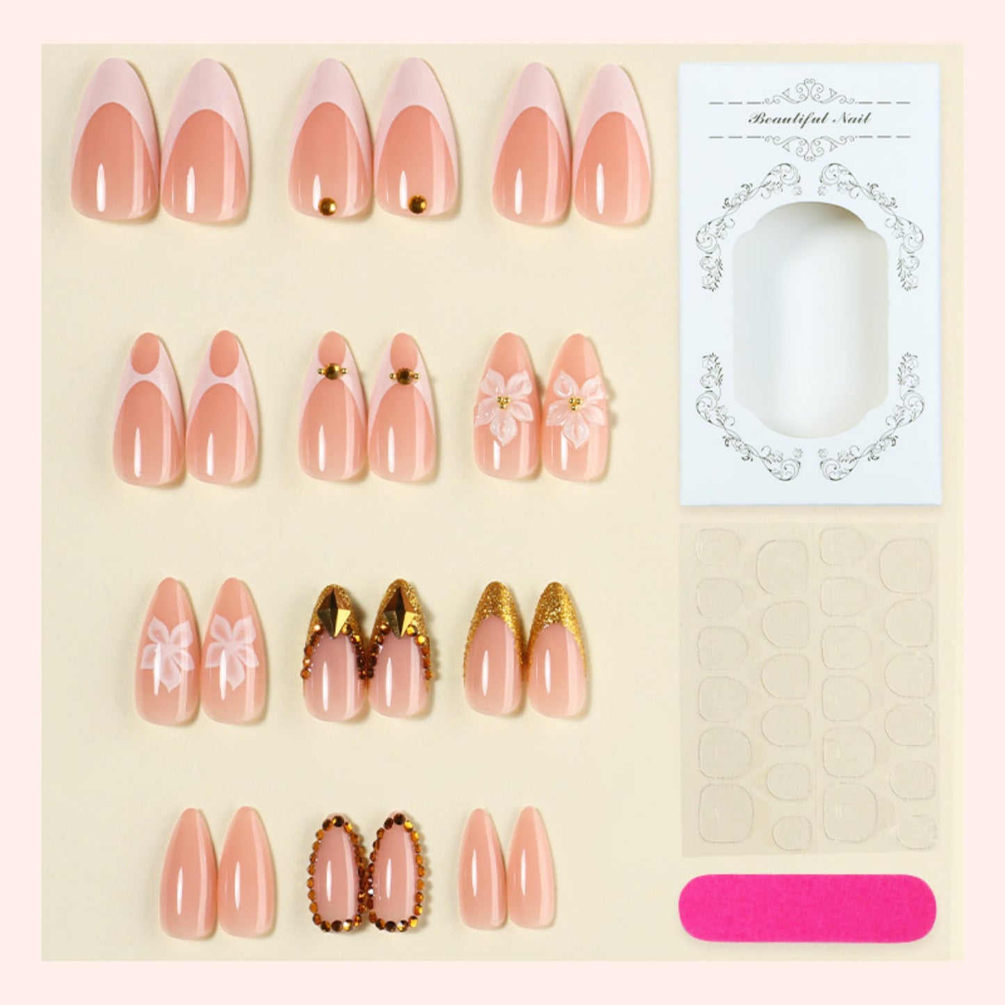 Almond Press on Nails Medium Fake Nails Gold Acrylic Nail Press ons Seeneey 3D Flowers Designs Gold Charm Stick on Nail for Women 24pcs