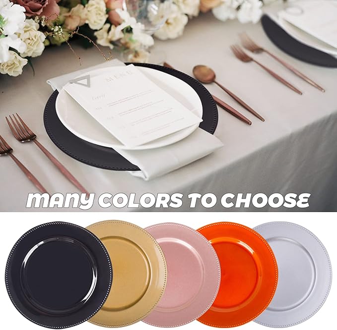 MAONAME 13" Round Charger Plates, Black Beaded Charger Plates, Plastic Plate Chargers for Dinner Plate, Wedding, Table Decor, Set of 6