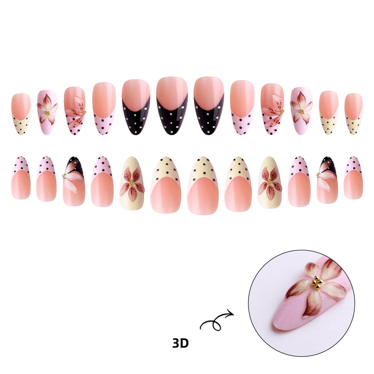 Almond Press on Nails Long Fake Nails French Artificial Nail Pink Flowers Handmade Stick on Nail for Women 24pcs