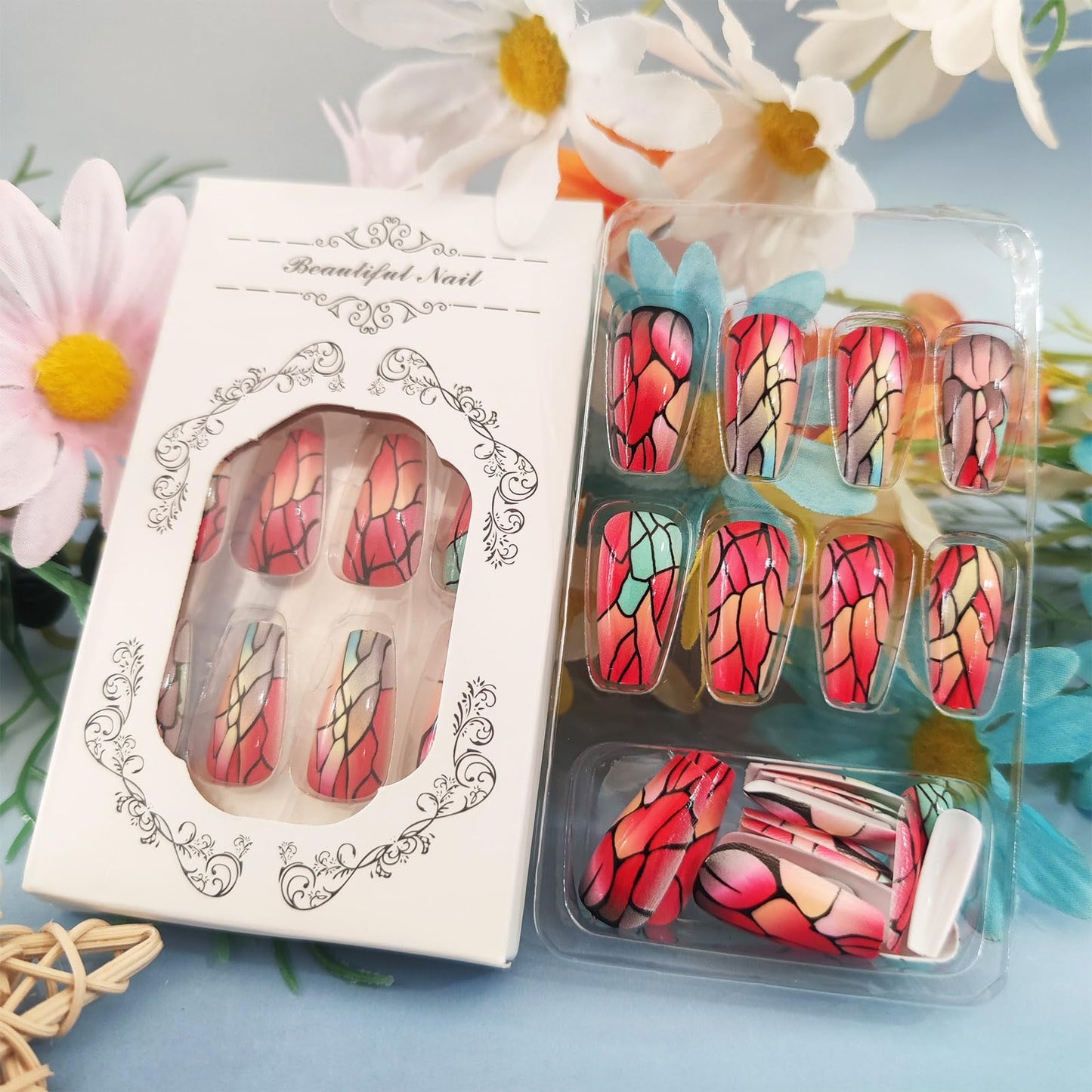 Red Ombre Press on Nails Marble Acrylic Full Cover Fake Nails 24Pcs Glossy Black Gradient Medium Coffin False Nail Crack Stick on Nail Curve Line Gel Glue on Fingernails for Holiday Manicure Art
