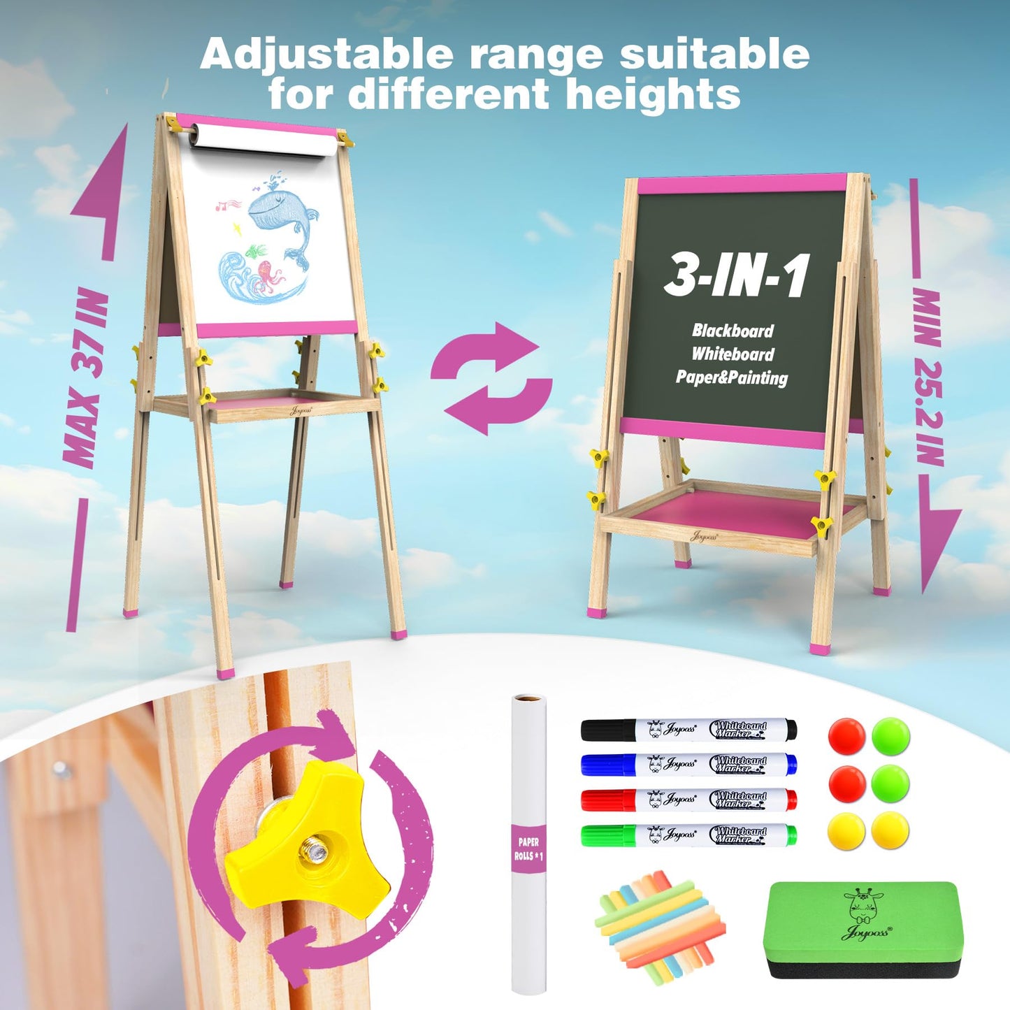 JOYOOSS Art Easel for Kids Easels for Toddlers with Paper Roll,Adjustable Wooden Magnetic Board Double Sided Whiteboard & Chalkboard 2-4 Art Easel for Kids Ages 4-8 Toddlers Painting Drawing Easel