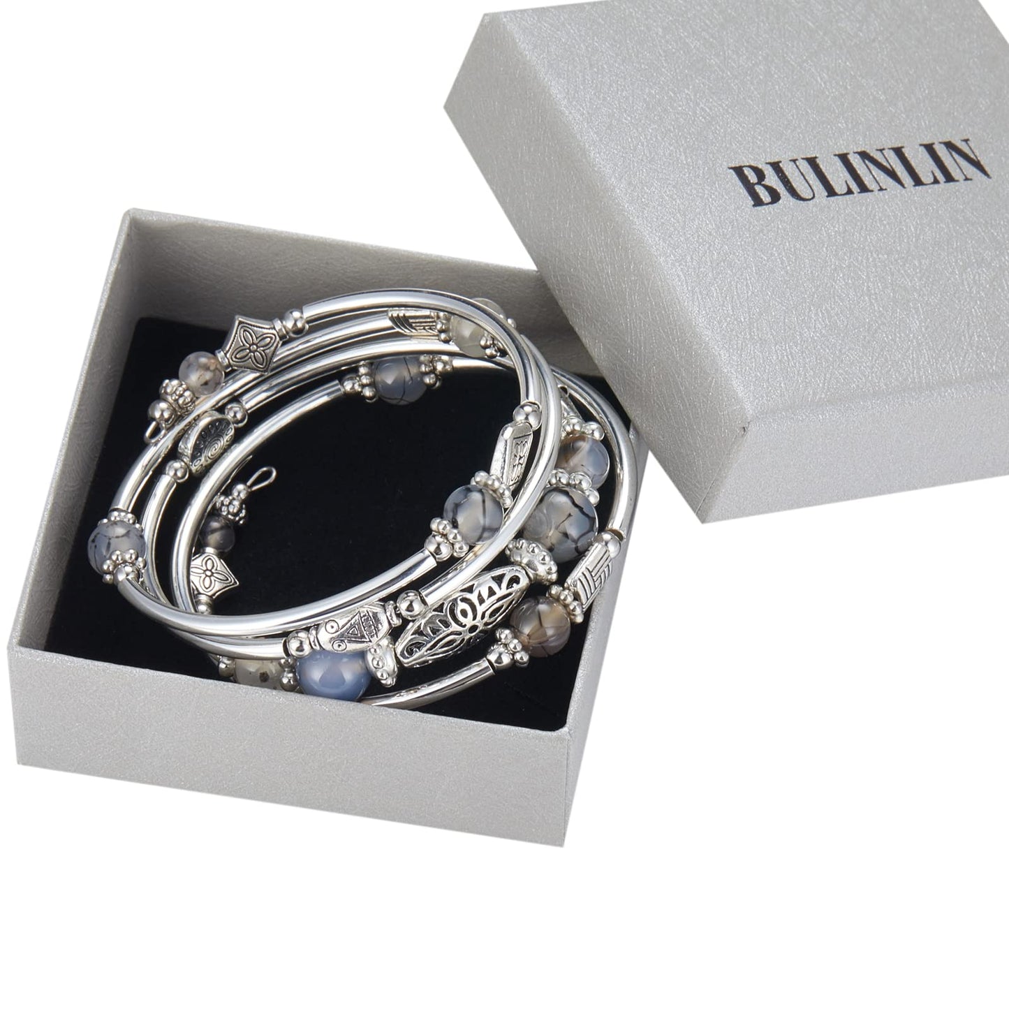 BULINLIN Layered Wrap Bangle Turquoise Bracelet - Bead Bracelet with Natural Agate Stone, Gifts For Women (03-Grey leopard)
