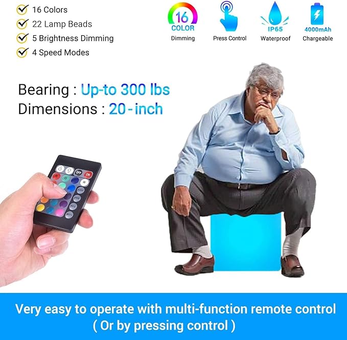 LOFTEK 20-inch LED Lighted Cube Table, Large Cube Chair Light, 16 RGB Colors Glowing Cube Seat w/Remote Cordless, Rechargeable, Waterproof, Home Outdoor Patio Pool Bar Stage Party Lighting Decoration