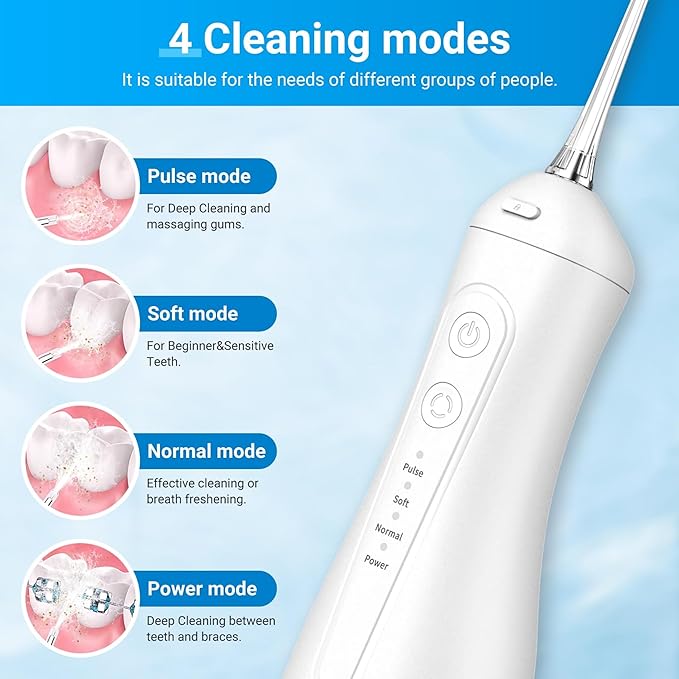 Portable Water Flosser for Teeth - 4 Modes Cordless Oral Irrigator with 300ML Tank, 360° Rotating Nozzle, 4 Jet Tips, Rechargeable, IPX7 Waterproof, Low Noise Gravity Ball Design (M159 - White)