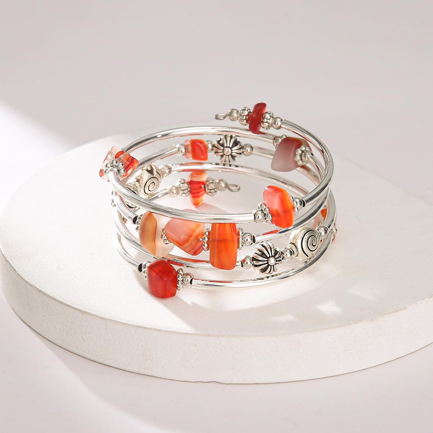 FULU AUTUMN Stone Silver Bangle Wrap Bracelet Boho Turquoise Crystal Chips Bead Bracelets Fashion Jewelry Birthday Gifts for Women(19-Red)
