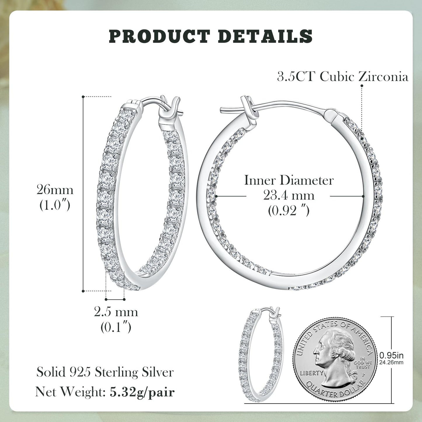 925 Sterling Silver Big Hoop Earrings for Women Trendy Cubic Zirconia Hoops 25mm Large Hoop Earring for Sensitive Ears
