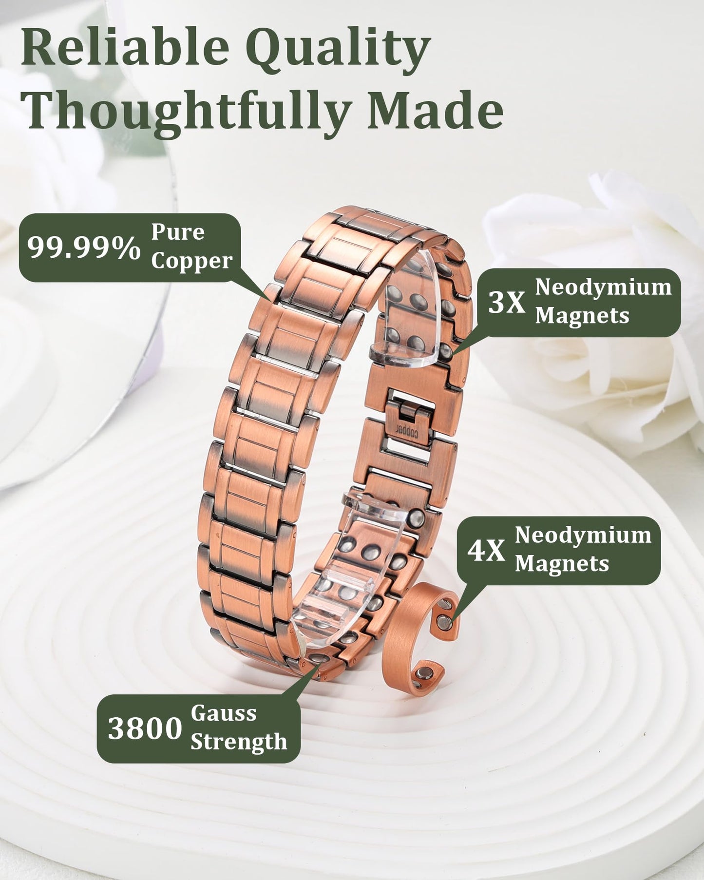 Fashtour 3X Copper Bracelet for Men, Triple Ultra Strength Magnets, Pure Copper Magnetic Bracelet and Ring Set, Adjustable Length with Sizing Tool(Copper)