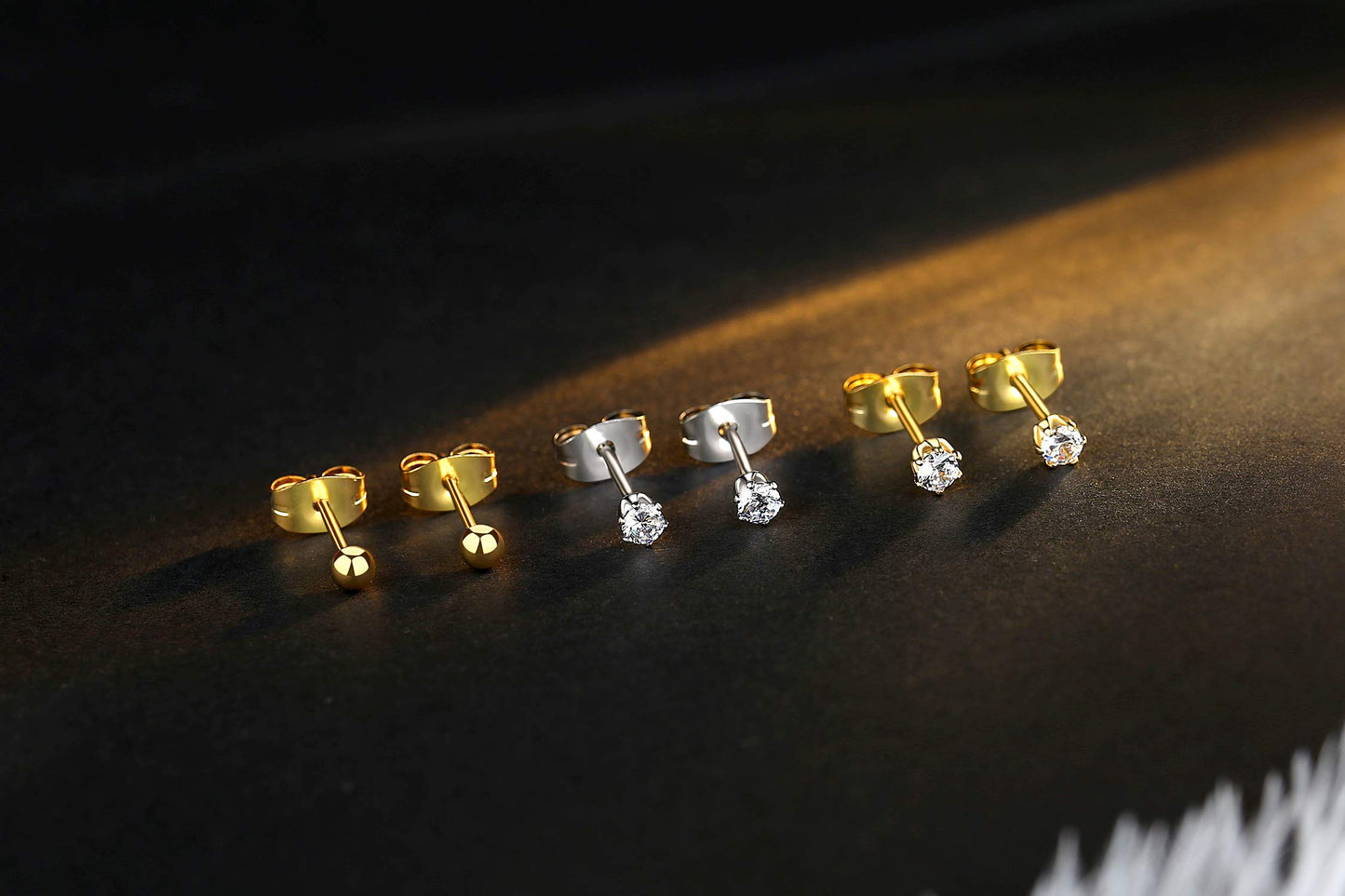 FOSIR 6 Pairs 2mm Tiny Women's 14K Gold Plated Stainless Steel Clear Cubic Zirconia Stud Earrings, 2mm CZ