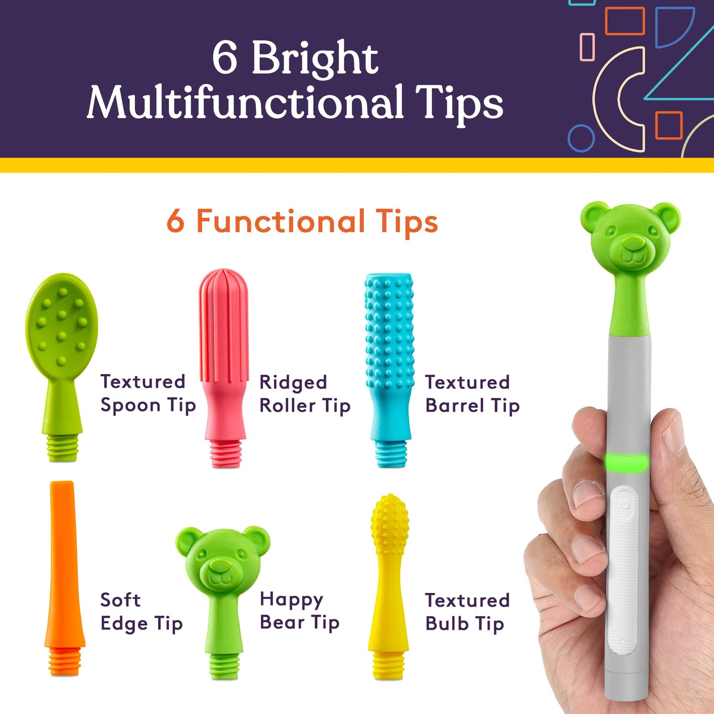 Special Supplies Buzz Buddy Oral Motor Stimulation kit with 6 Soft Textured Interchangeable Heads, Calm Sensory Needs, Support Speech, and Stimulate Self Feeding, Gentle Vibrations (Grey)
