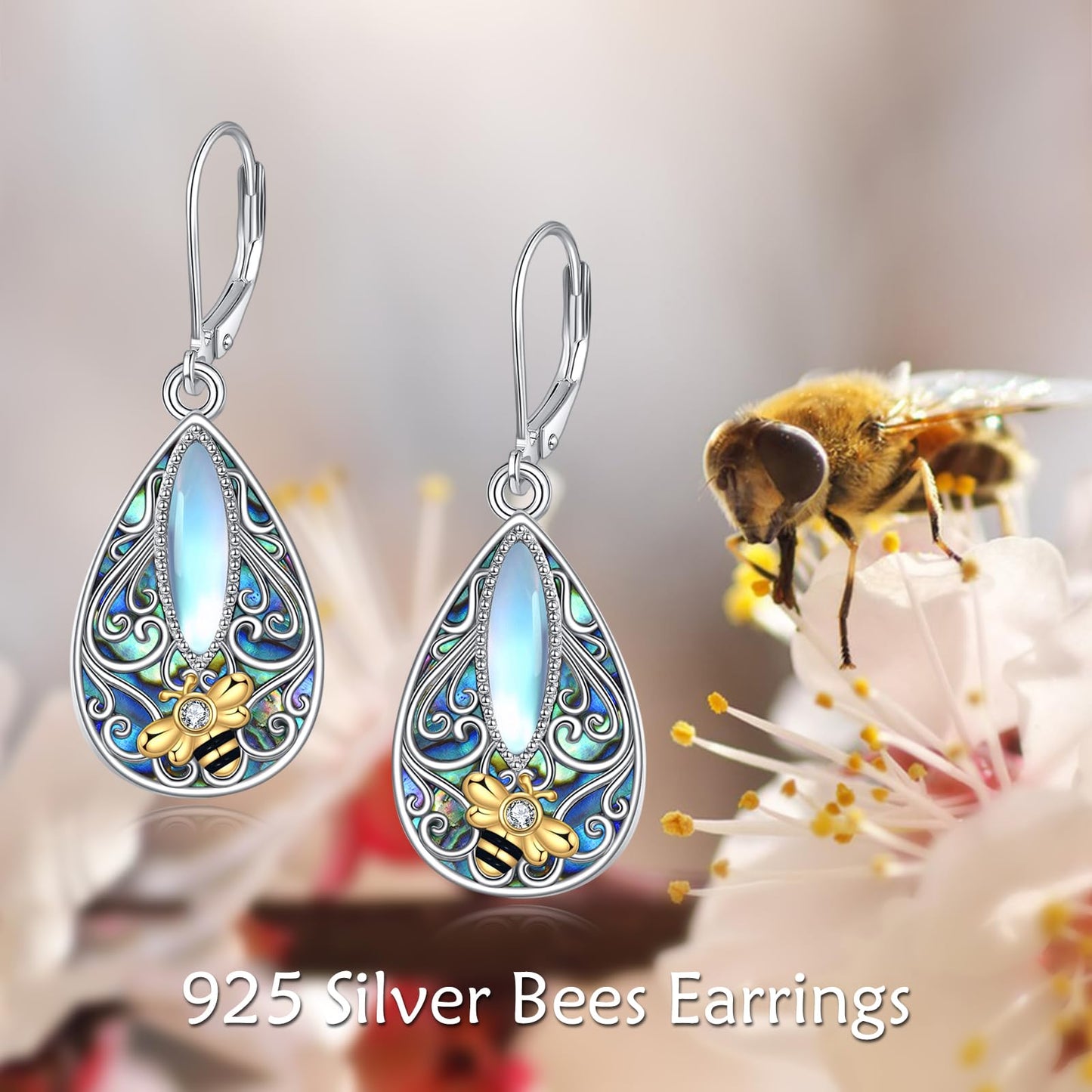 Bee Filigree Earrings Sterling Silver Teardrop Abalone Shell Drop Dangle Filigree Leverback Earrings Jewelry