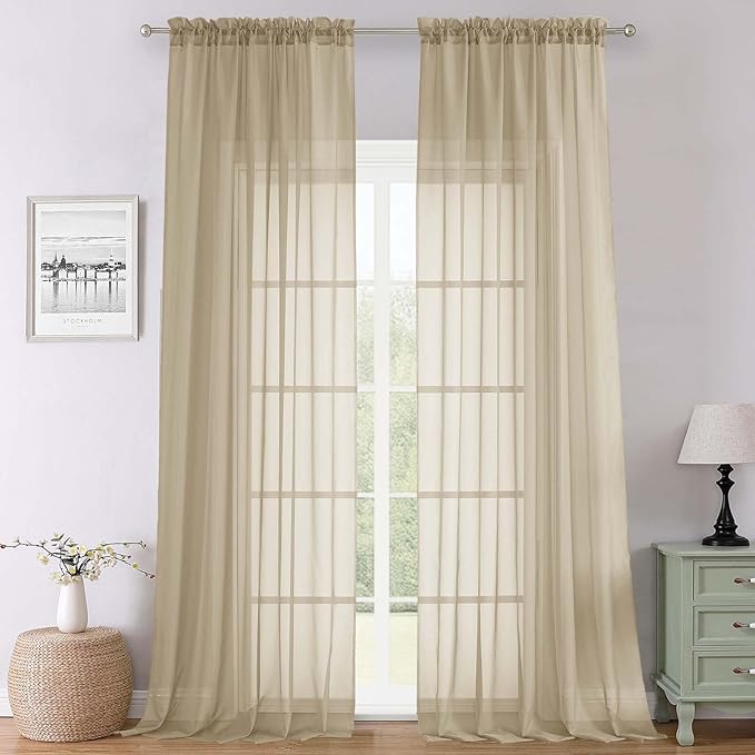 Lecloud Taupe Sheer Curtains 120 Inches Long 2 Panels Set, Rod Pockets Light Filtering Curtains for Living Room Bedroom Dining Room, Solid Color Airy Voile Rustic Drapes, Each Panel 59" W x 120" L