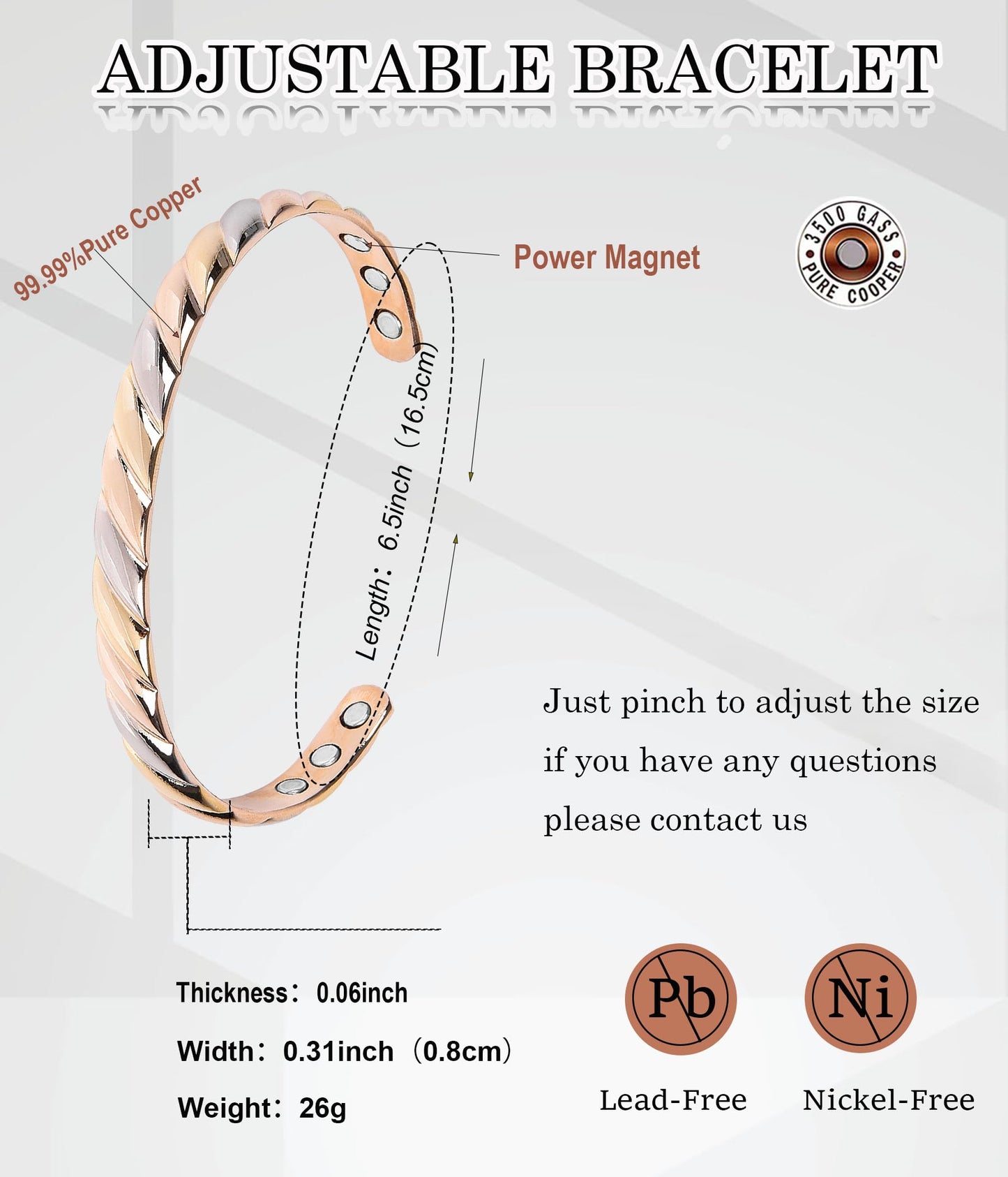 UtenoTureH Magnetic Copper Bracelet for Women for Arthritis, Pure Copper Adjustable Bracelets with 3500 Gauss Magnet ((C008SGR))